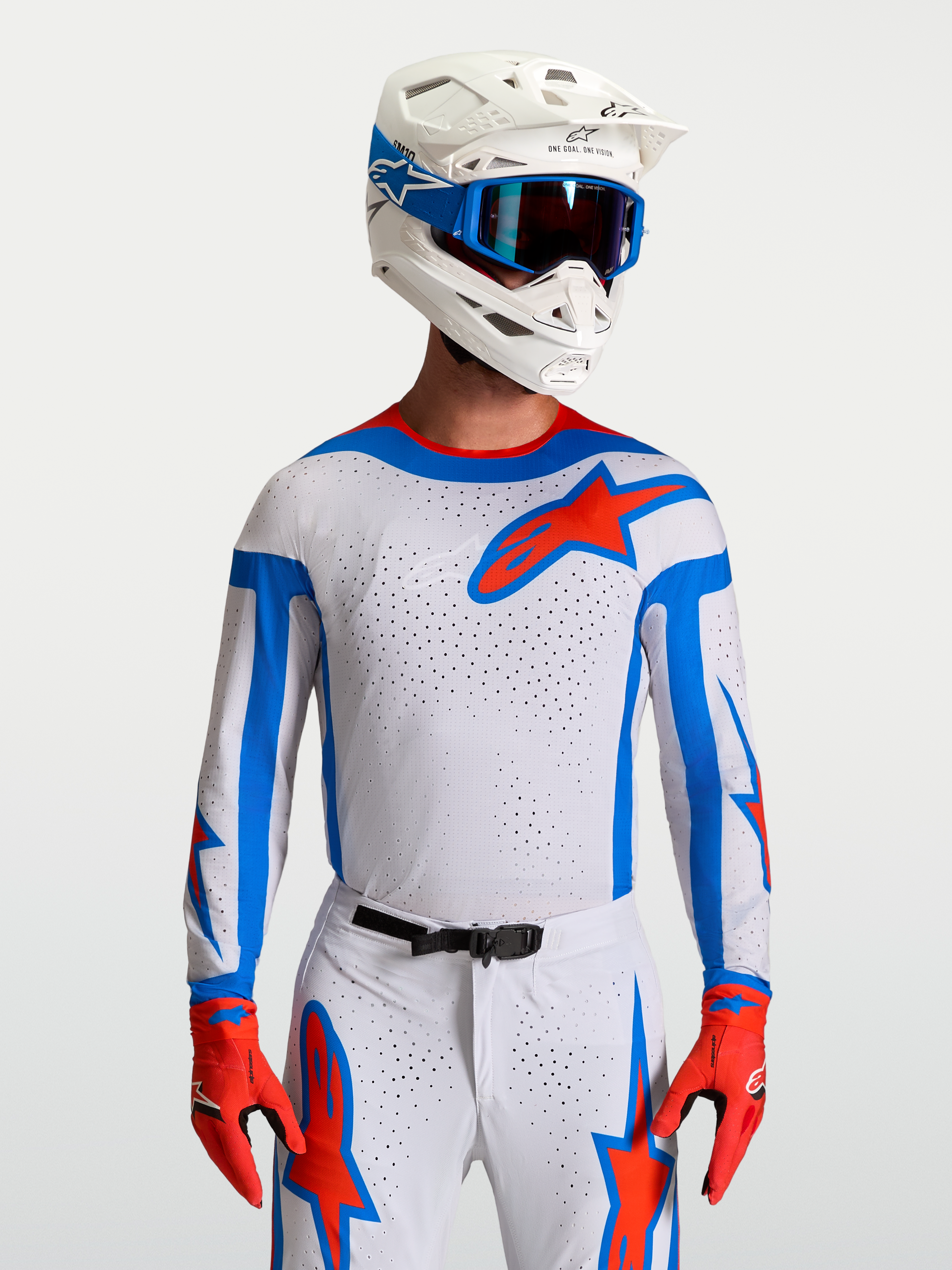 Alpinestars Supertech Vesta jersey, heren motorcrossjersey, lichtlila en rood met blauwe accenten, ademend mesh.