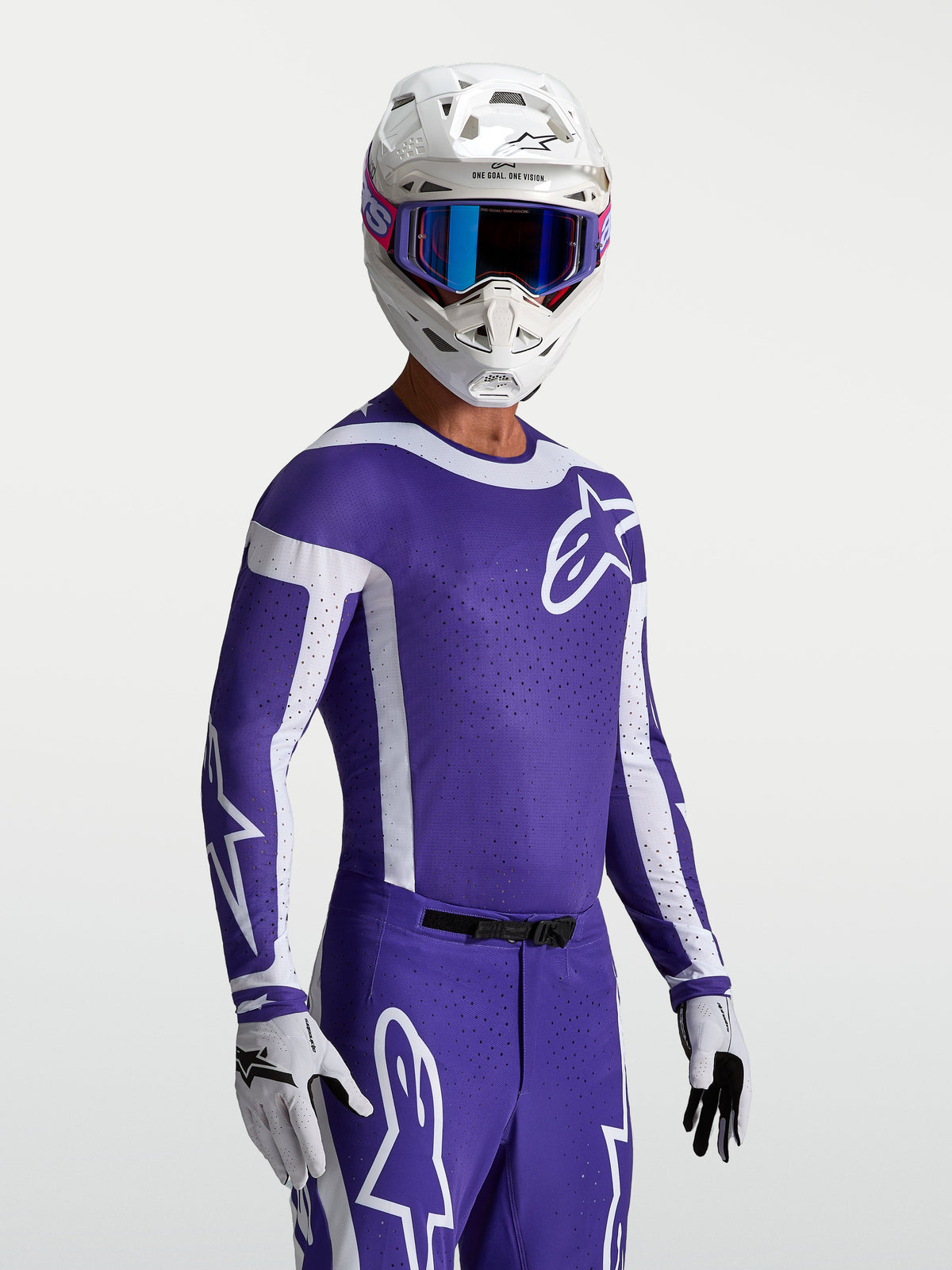 Alpinestars Supertech Vesta jersey, motocrossjersey voor heren, blauw en wit, atletische racepasvorm met lasergesneden ventilatie.
