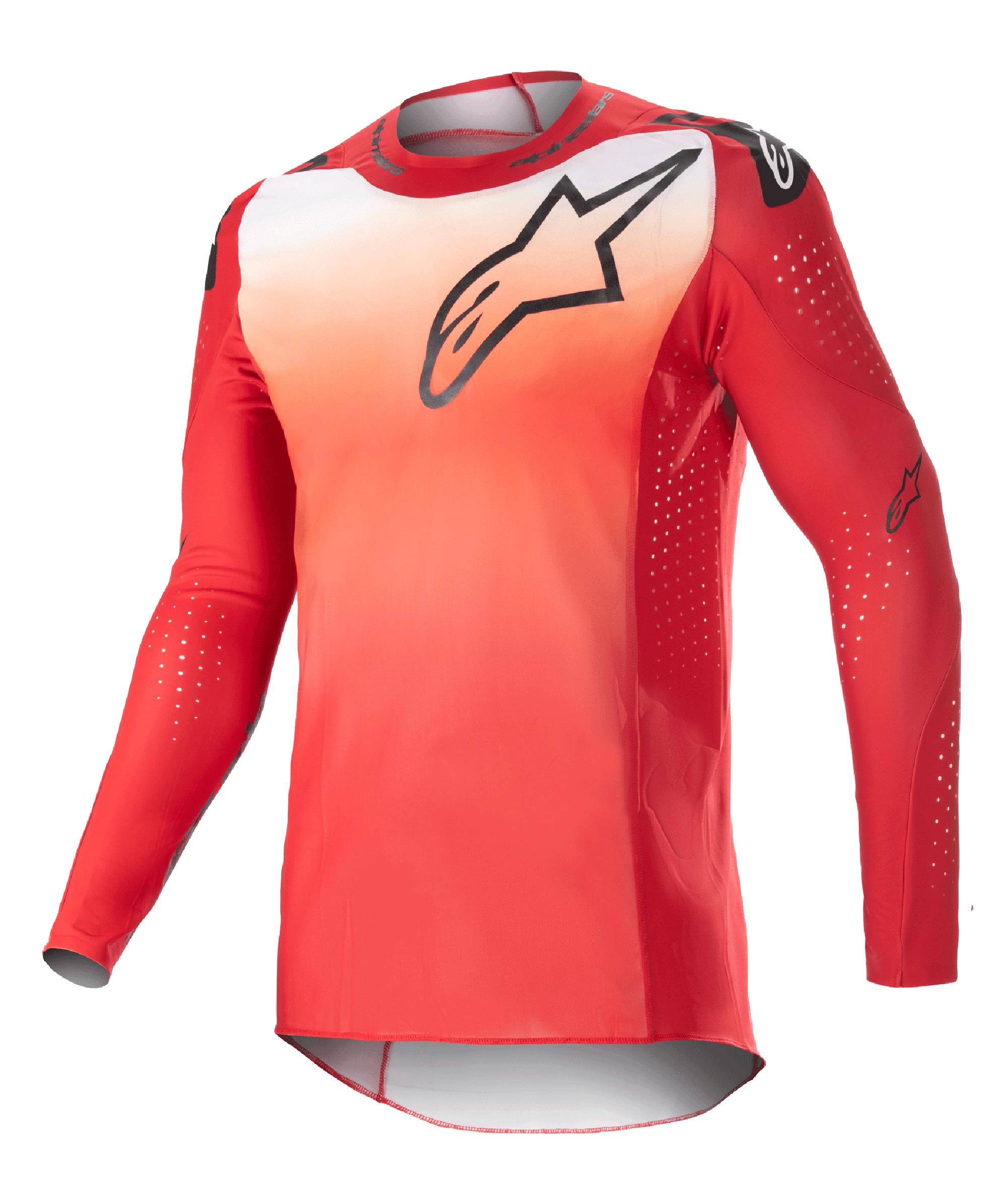 Alpinestars 2023 Supertech Risen Jersey, motocross shirt met lange mouwen, kleurverloop van Mars Red en wit, zwart Astars-logo op de borst, geperforeerde mouwen met witte ventilatiepunten, atletische racepasvorm voor off-road prestaties
