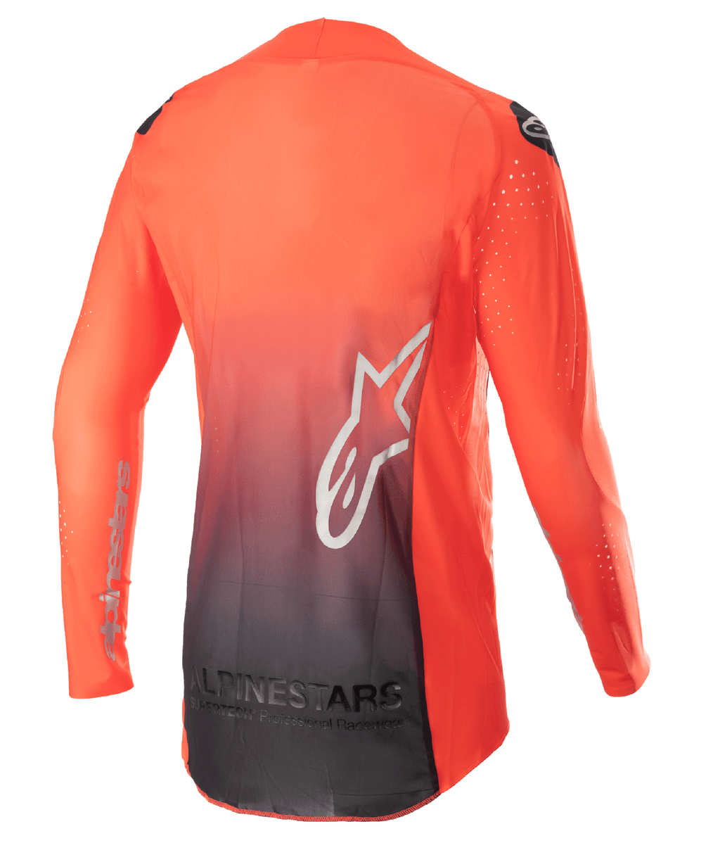 Alpinestars 2023 Supertech Risen Jersey, motorcross jersey, fel oranje en zwart, achteraanzicht met een oranje naar zwart kleurverloop, groot wit ster-logo op de rug en ademend mesh-materiaal voor off-road prestaties