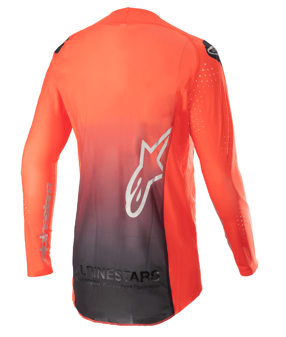 Alpinestars 2023 Supertech Risen Jersey, motorcross jersey, fel oranje en zwart, achteraanzicht met een oranje naar zwart kleurverloop, groot wit ster-logo op de rug en ademend mesh-materiaal voor off-road prestaties
