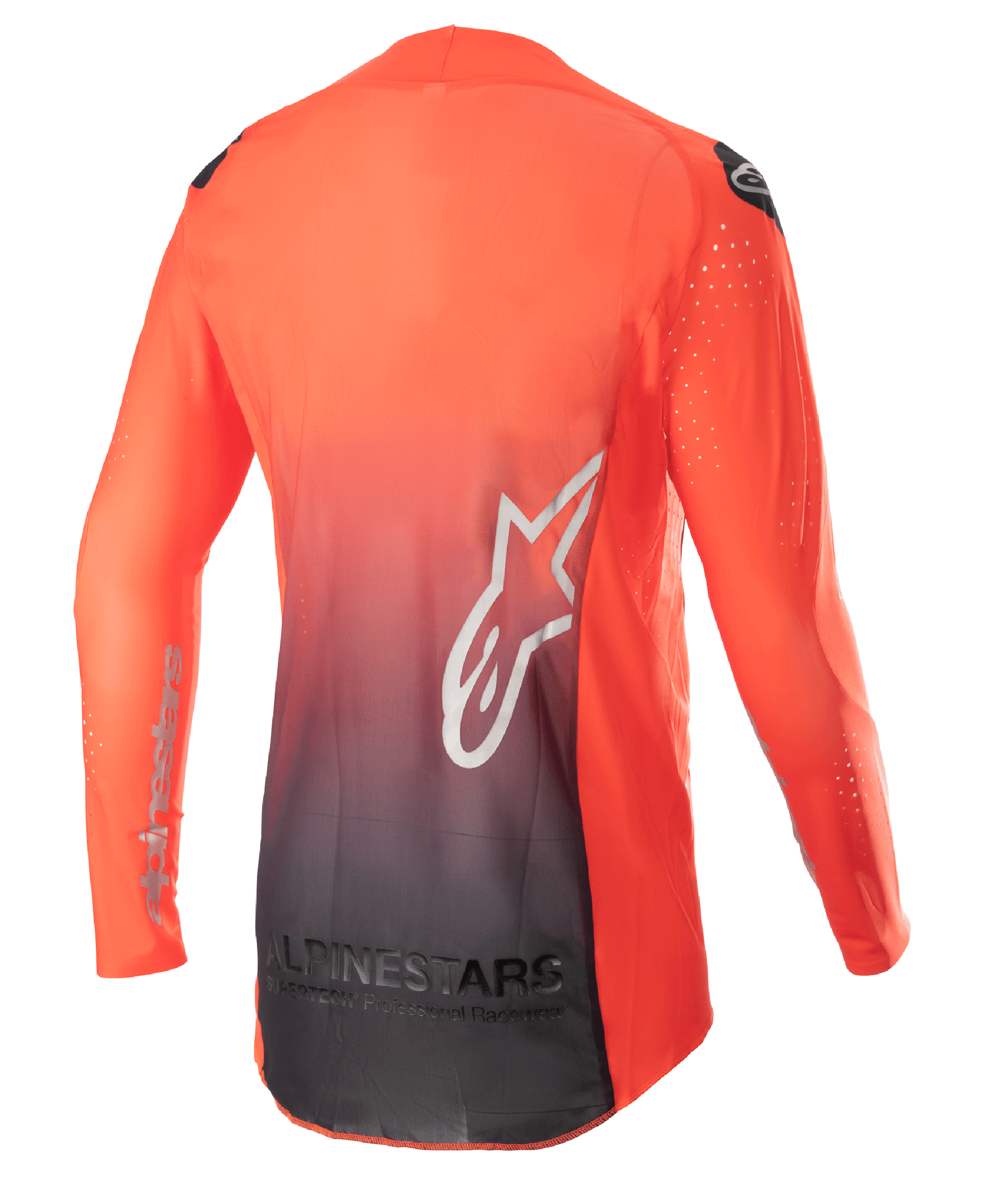 Alpinestars 2023 Supertech Risen Jersey, motorcross jersey, fel oranje en zwart, achteraanzicht met een oranje naar zwart kleurverloop, groot wit ster-logo op de rug en ademend mesh-materiaal voor off-road prestaties
