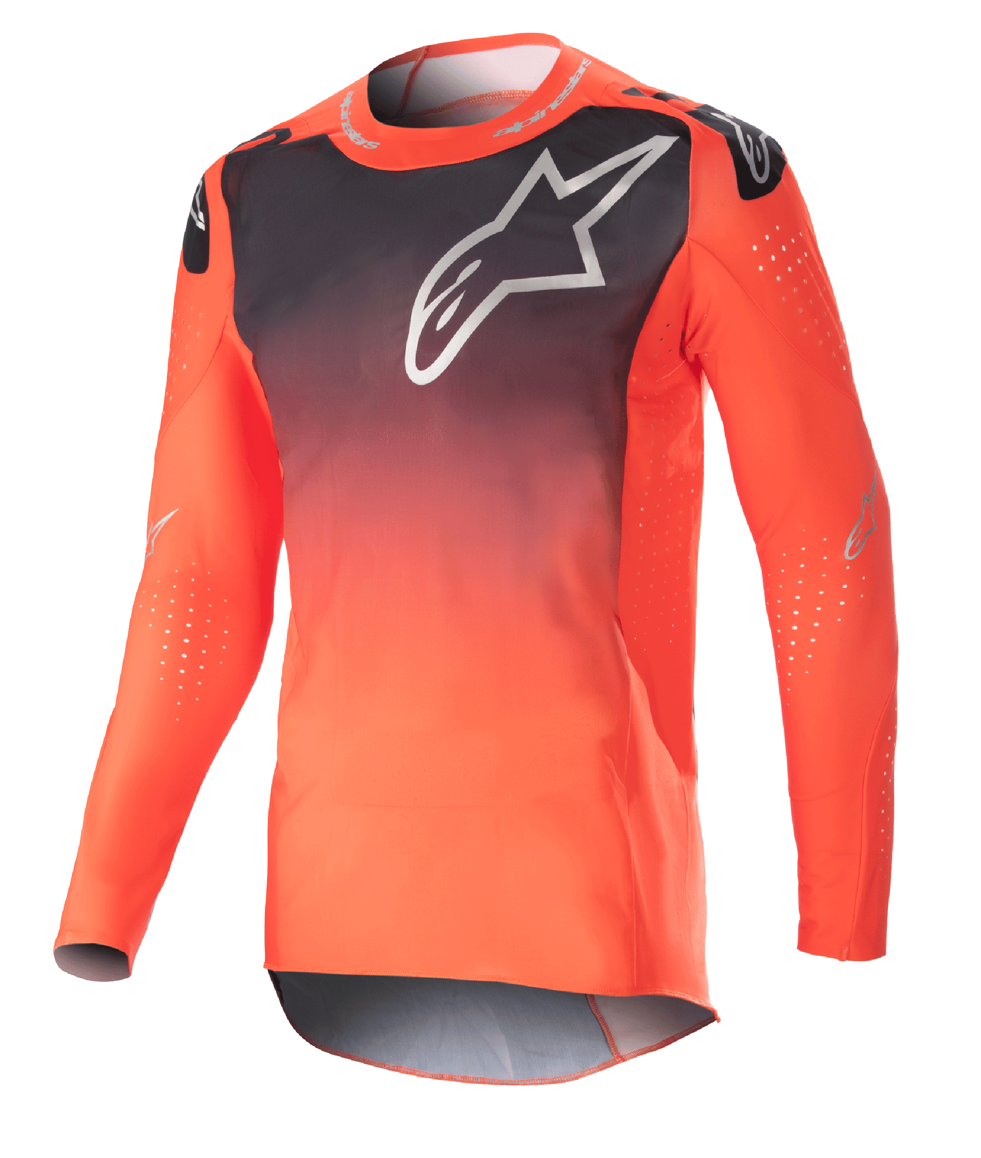 Alpinestars 2023 Supertech Risen Jersey, motocross shirt, Hot Orange en zwart kleurverloop, met een groot wit logo op de borst, lasergesneden perforaties voor luchtstroom, lichtgewicht stretch mesh stof, prestatiegerichte race-pasvorm