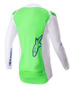 Alpinestars 2023 Supertech Risen Jersey, motocross jersey, wit en fluogroen met Blue Ray-accenten, achteraanzicht met focus op ademend stretch mesh en verlengd rugpand voor bedekking, lichtgewicht performance-uitrusting voor off-road racen
