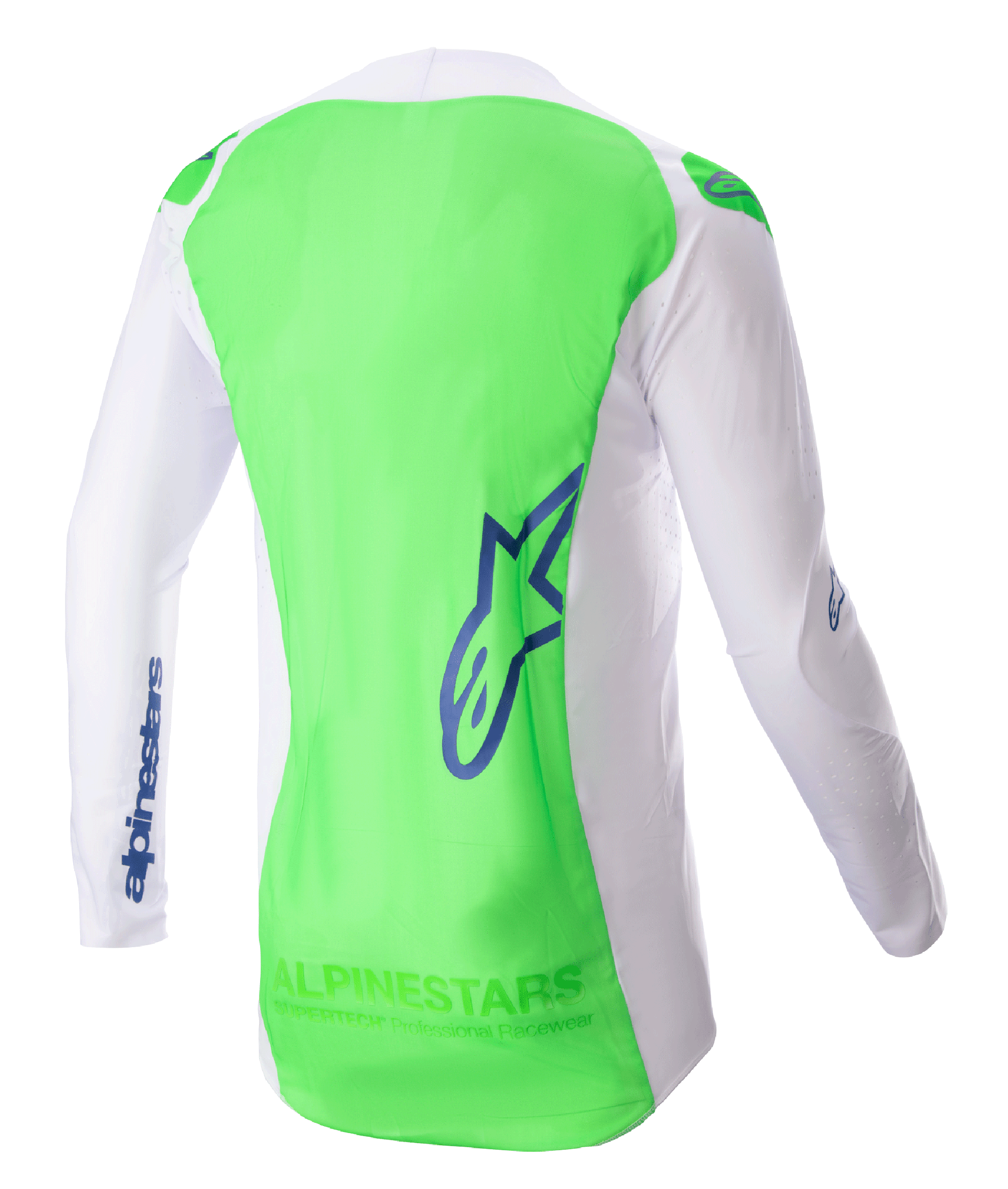 Alpinestars 2023 Supertech Risen Jersey, motocross jersey, wit en fluogroen met Blue Ray-accenten, achteraanzicht met focus op ademend stretch mesh en verlengd rugpand voor bedekking, lichtgewicht performance-uitrusting voor off-road racen