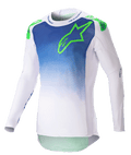 Alpinestars 2023 Supertech Risen Jersey, motorcross shirt, blauw en wit met fluoriserend groen logo, kleurverloop op de romp, geperforeerde lange mouwen, atletische racepasvorm, off-road race-uitrusting