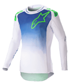 Alpinestars 2023 Supertech Risen Jersey, motorcross shirt, blauw en wit met fluoriserend groen logo, kleurverloop op de romp, geperforeerde lange mouwen, atletische racepasvorm, off-road race-uitrusting
