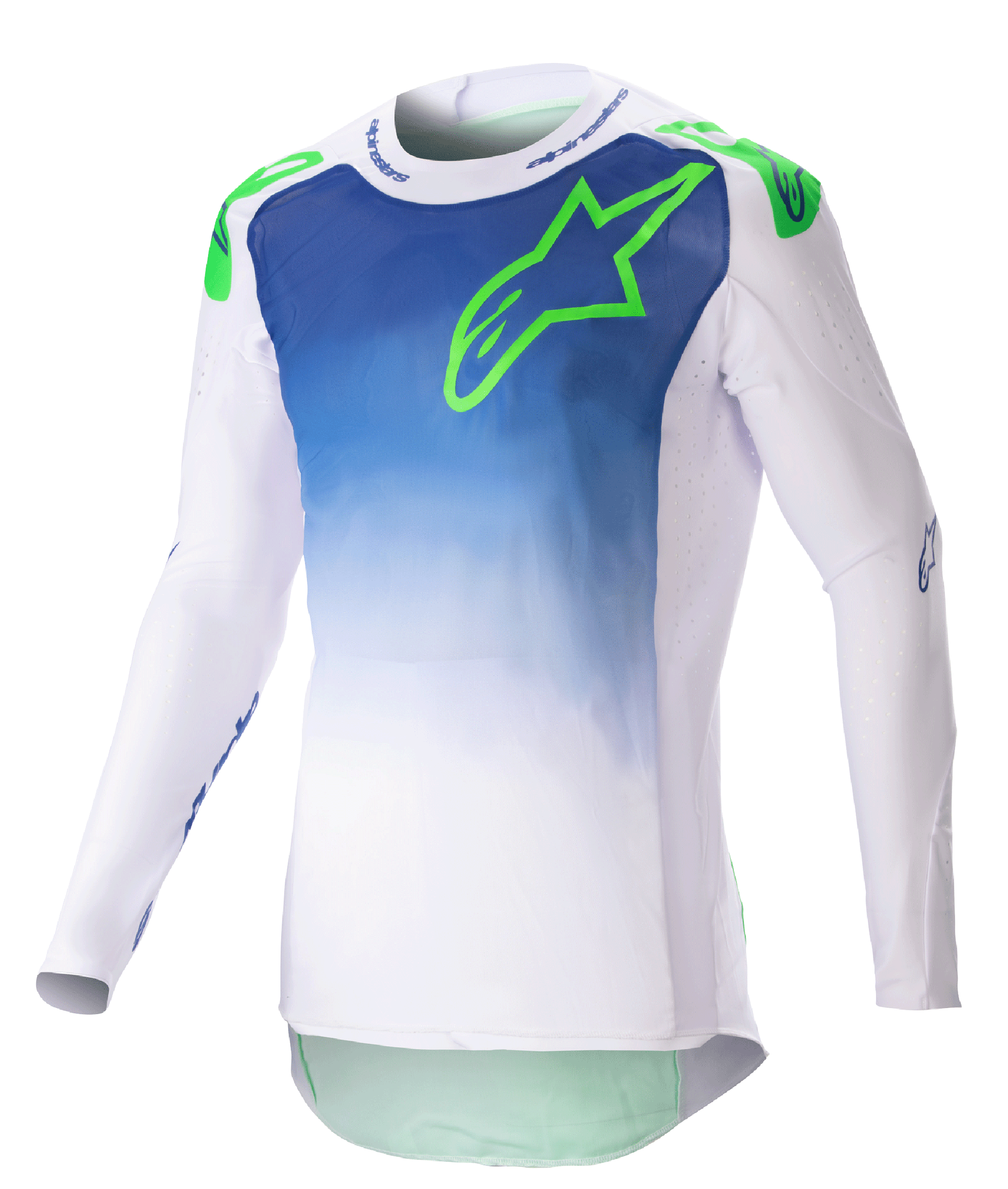 Alpinestars 2023 Supertech Risen Jersey, motorcross shirt, blauw en wit met fluoriserend groen logo, kleurverloop op de romp, geperforeerde lange mouwen, atletische racepasvorm, off-road race-uitrusting