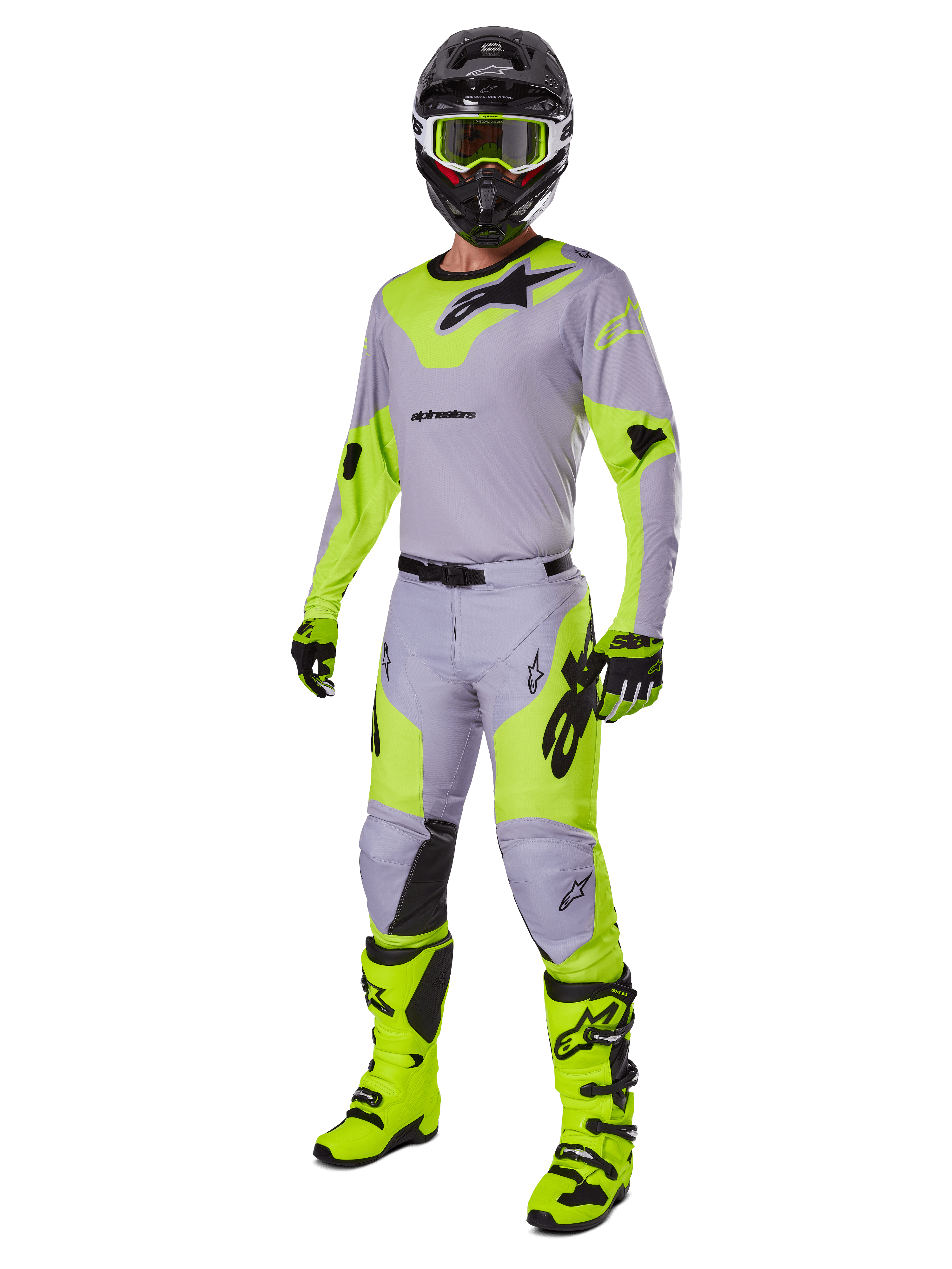Alpinestars 2025 Racer Veil Gear Set, complete motorcross-outfit, grijs en neongeel fluo, bestaande uit jersey, broek, helm, bril, handschoenen en laarzen met zwarte accenten, professionele race-uitrusting voor off-road prestaties.