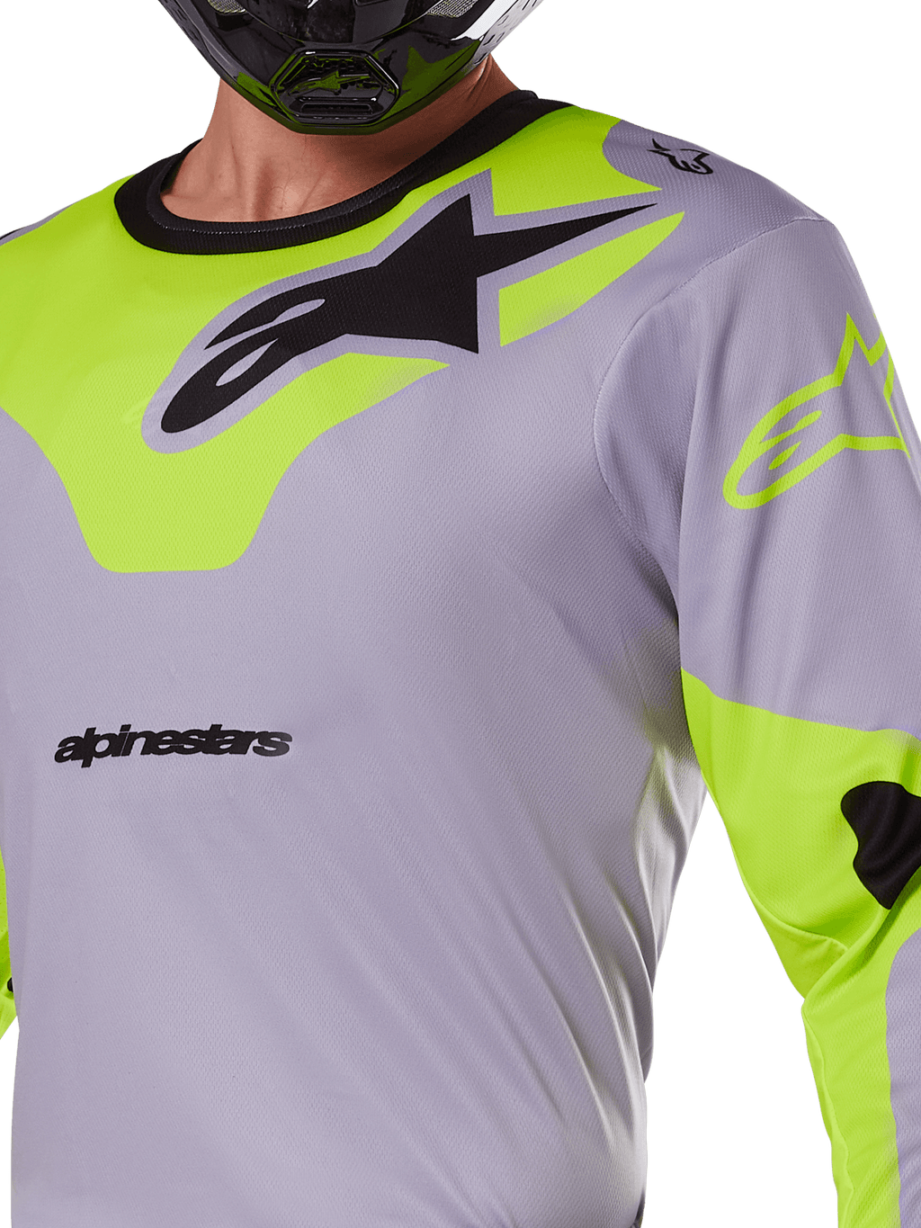 Alpinestars 2025 Racer Veil Jersey, motorcross jersey, grijs en geel fluo, met een groot zwart Astars-logo op de borst, neongele schouder- en mouwpanelen, technische mesh-stof voor off-road racing