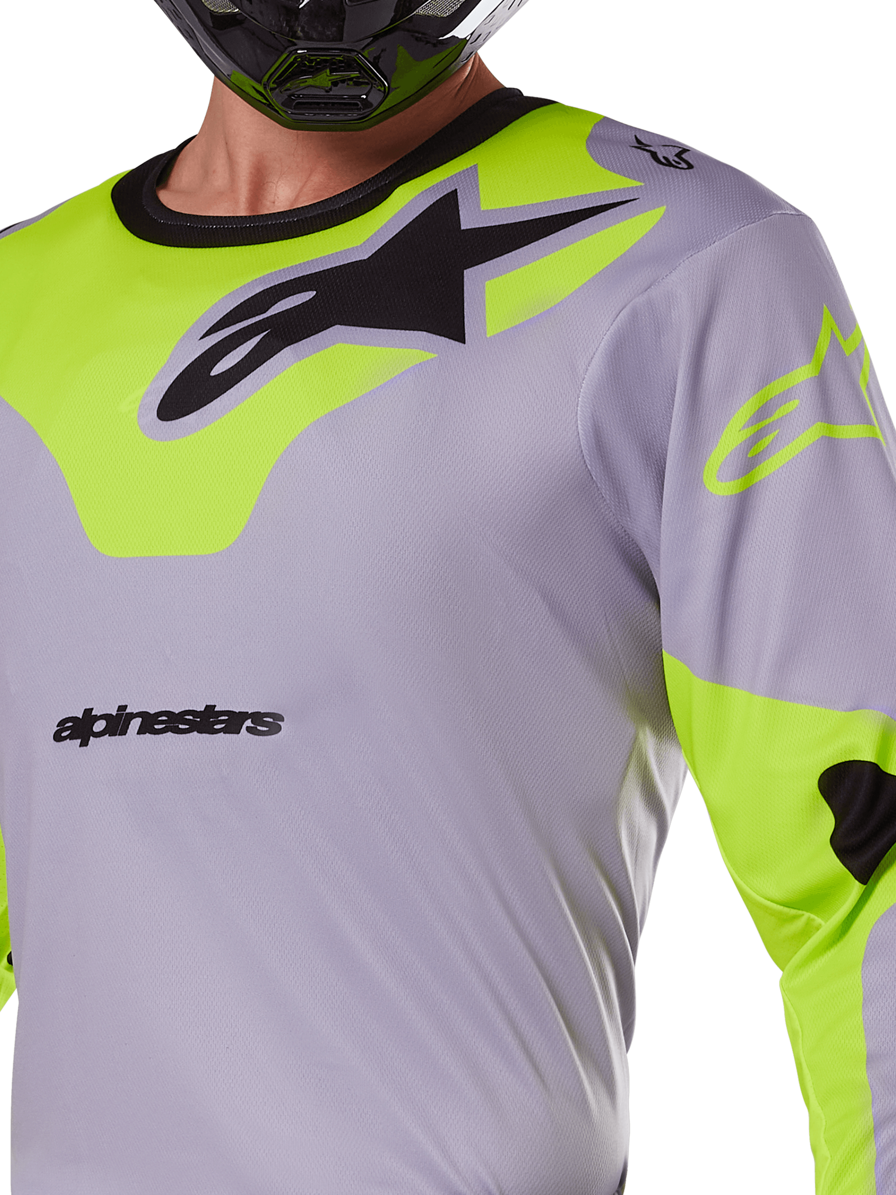 Alpinestars 2025 Racer Veil Jersey, motorcross jersey, grijs en geel fluo, met een groot zwart Astars-logo op de borst, neongele schouder- en mouwpanelen, technische mesh-stof voor off-road racing