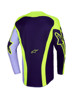 Alpinestars 2026 Racer Portl Jersey, motocross shirt, paars en fluoriserend geel, achteraanzicht met neongele Astar-logo's op de mouwen en rug, gebogen strepen en een langere achterzoom voor off-road racen.