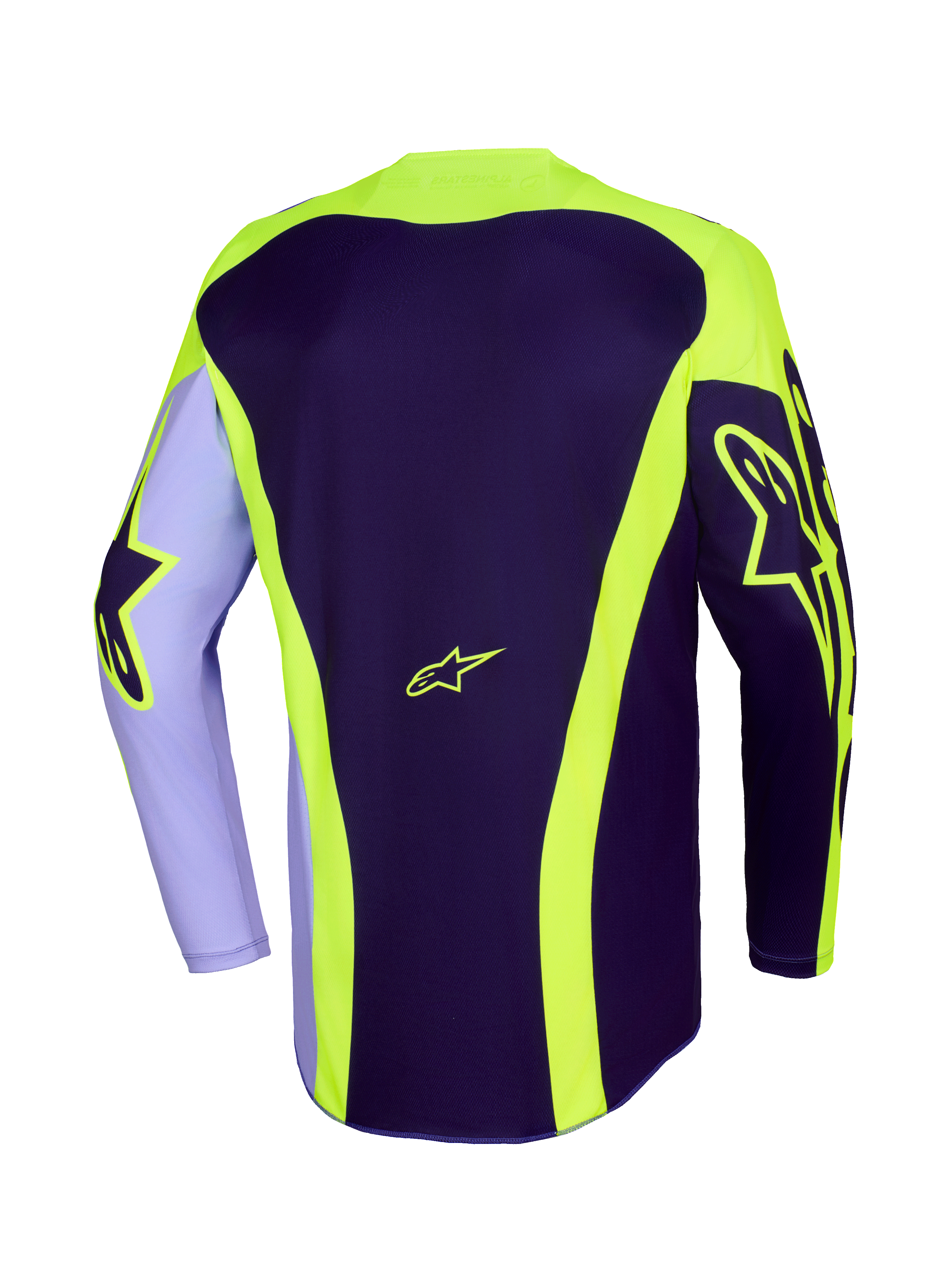 Alpinestars 2026 Racer Portl Jersey, motocross shirt, paars en fluoriserend geel, achteraanzicht met neongele Astar-logo's op de mouwen en rug, gebogen strepen en een langere achterzoom voor off-road racen.
