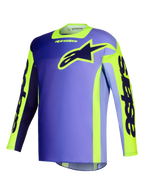 Alpinestars 2026 Racer Portl Jersey, motocross shirt, paars en fluo geel, voorzien van een paars kleurverloop met opvallende gele accenten, een groot Alpinestars sterlogo op de borst en 'astars' branding op de mouwen.