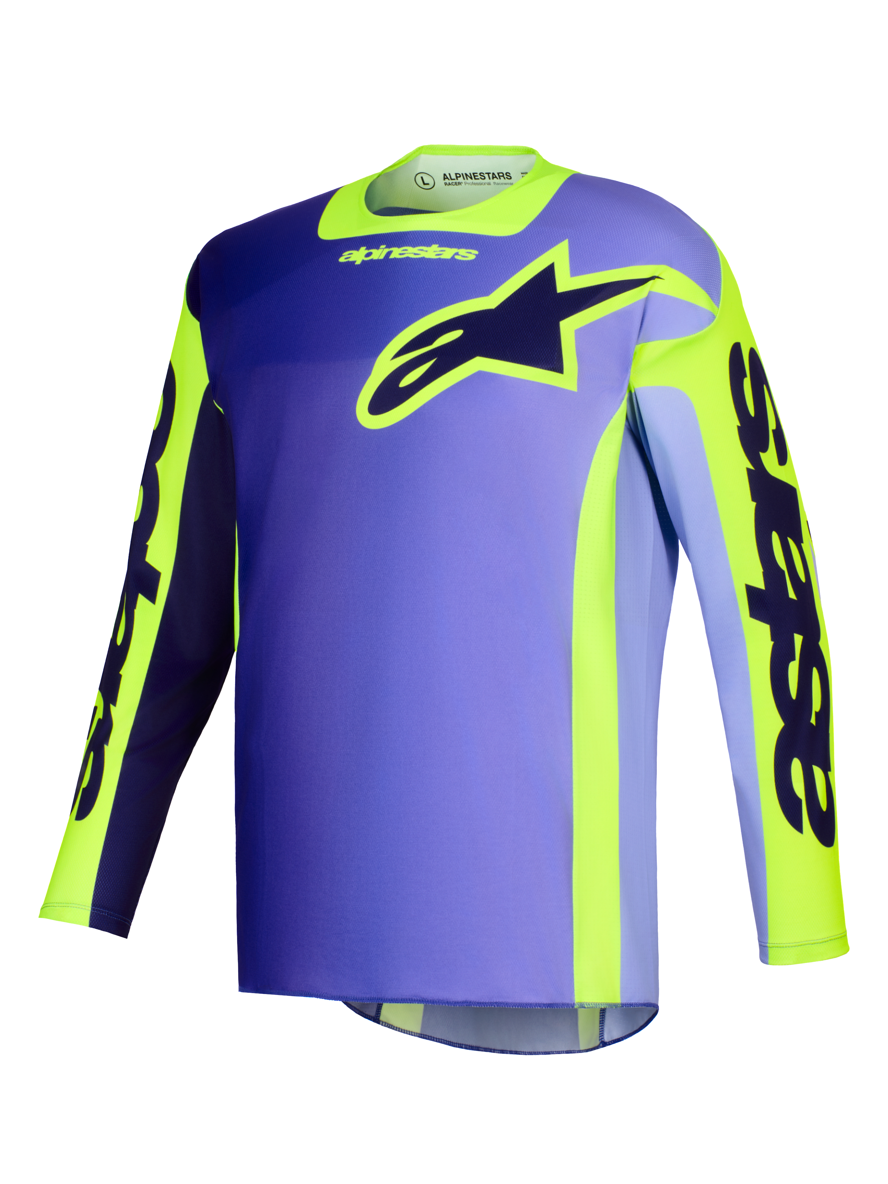 Alpinestars 2026 Racer Portl Jersey, motocross shirt, paars en fluo geel, voorzien van een paars kleurverloop met opvallende gele accenten, een groot Alpinestars sterlogo op de borst en 'astars' branding op de mouwen.