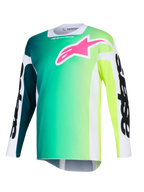 Alpinestars 2026 Racer Portl Jersey, Motocross Jersey, Green and Yellow Gradient, vibrant pink logo on the chest, white sleeves with bold black Alpinestars text, lightweight performance fabric for off-road riding