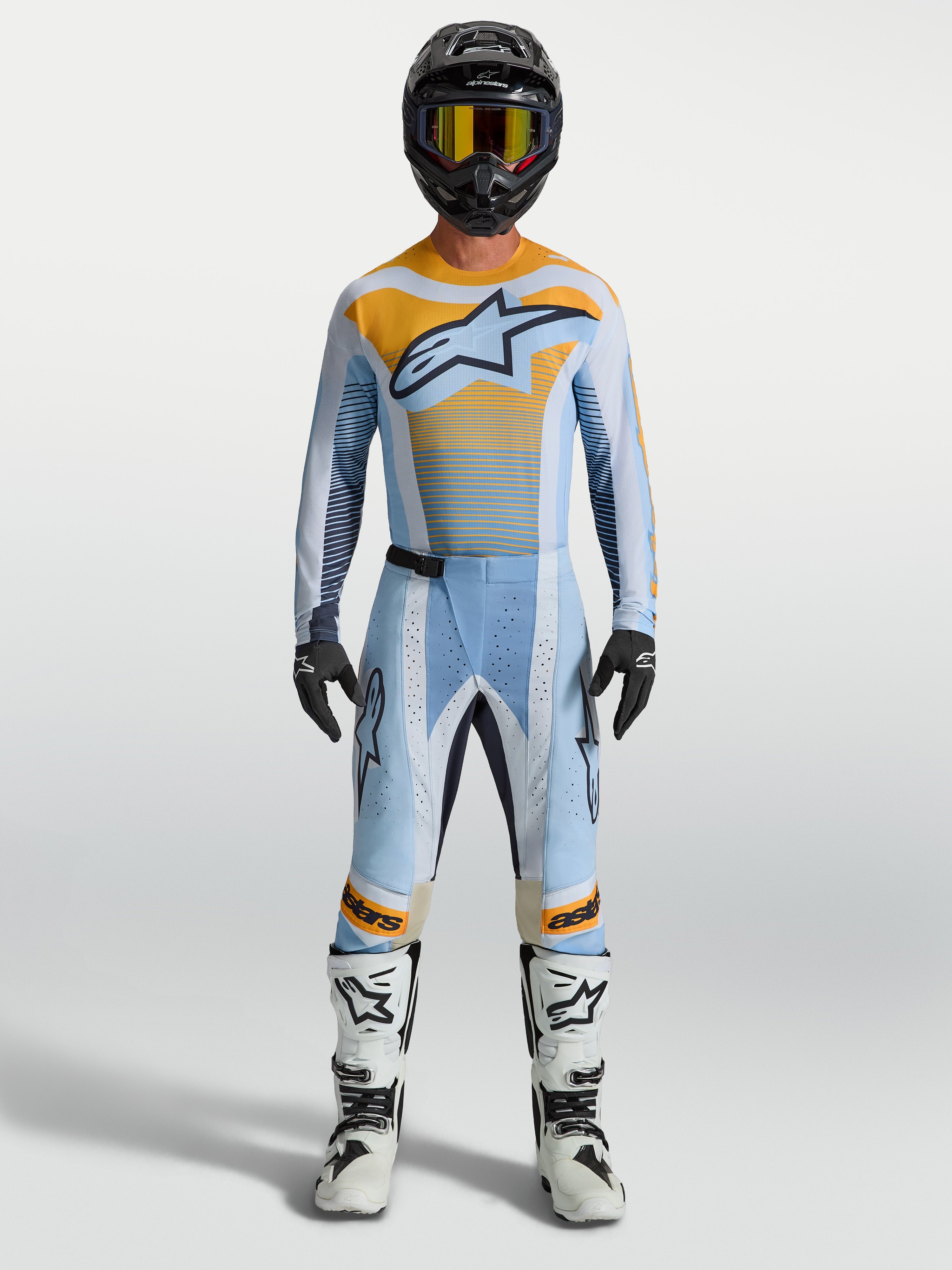 Alpinestars Techstar Maven jersey en uitrustingsset, blauwe en oranje motocross-outfit voor heren, atletische pasvorm.