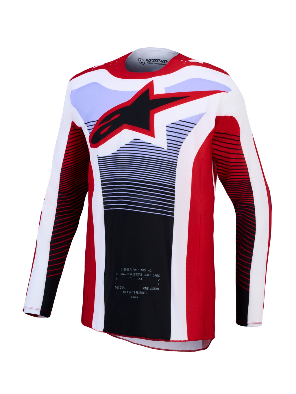 Alpinestars Techstar Maven jersey, rood en wit motorcrossjersey met zwart ster-logo, ademende stof voor off-road racing.