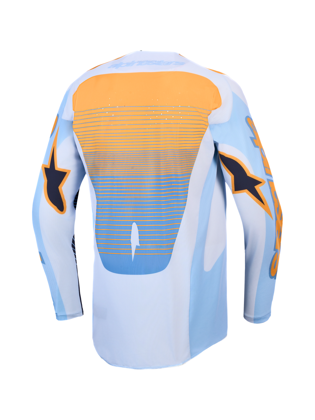 Alpinestars Techstar Maven jersey, blauw en oranje motocrossjersey met lasergesneden ventilatie en verlengde achterkant.