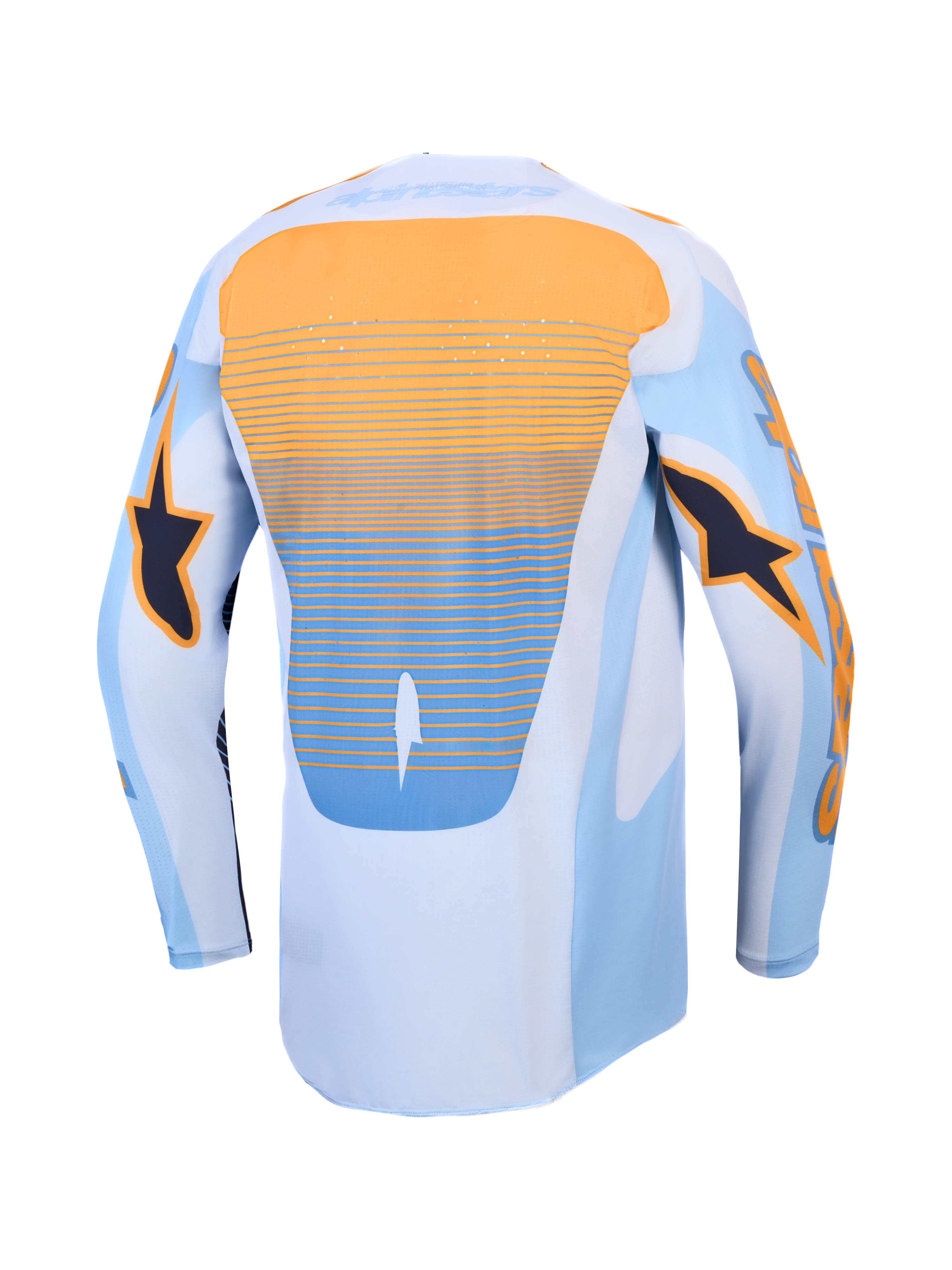 Alpinestars Techstar Maven jersey, blauw en oranje motocrossjersey met lasergesneden ventilatie en verlengde achterkant.