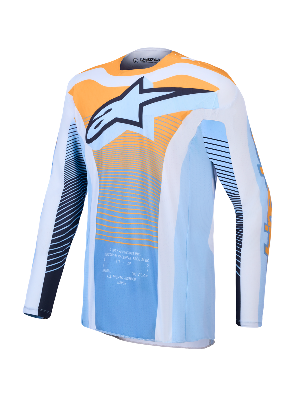 Alpinestars Techstar Maven Jersey, heren motocrossjersey, blauw en oranje, vochtafvoerend materiaal en atletische pasvorm.