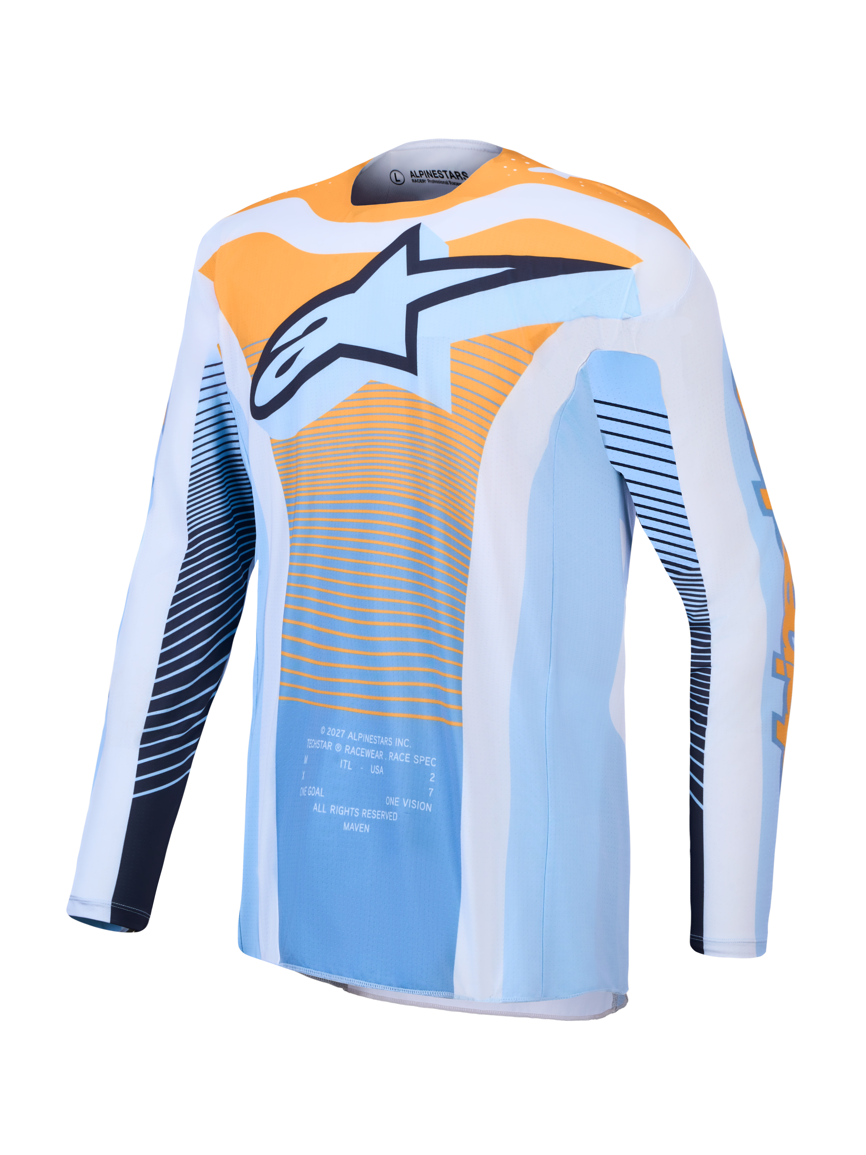 Alpinestars Techstar Maven Jersey, heren motocrossjersey, blauw en oranje, vochtafvoerend materiaal en atletische pasvorm.