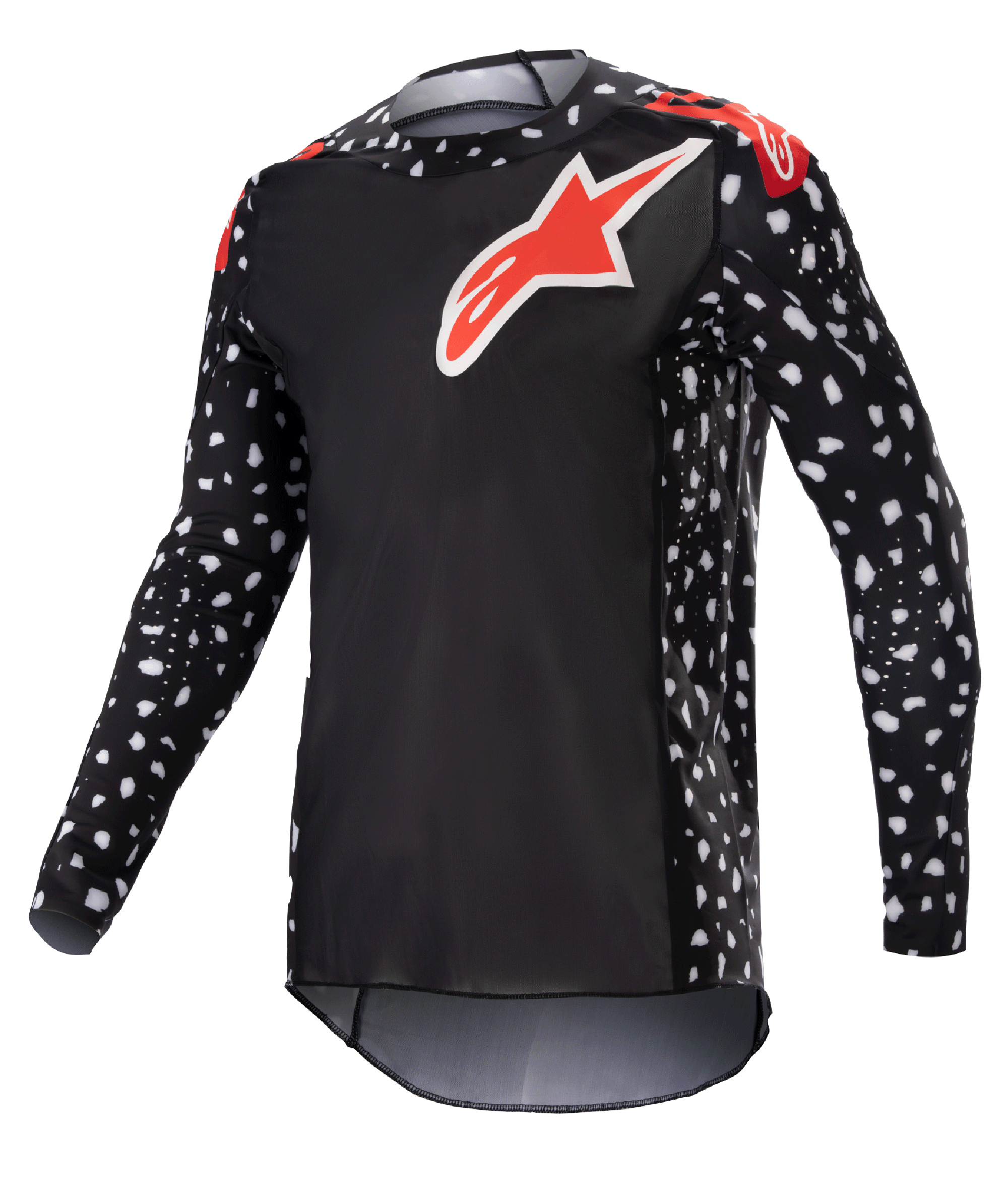 Alpinestars 2023 Supertech North Jersey, motocross shirt, zwart en neonrood, lange mouwen met wit spikkelpatroon, rood-witte sterlogo's op borst en schouders, lichtgewicht performance mesh met atletische race-pasvorm