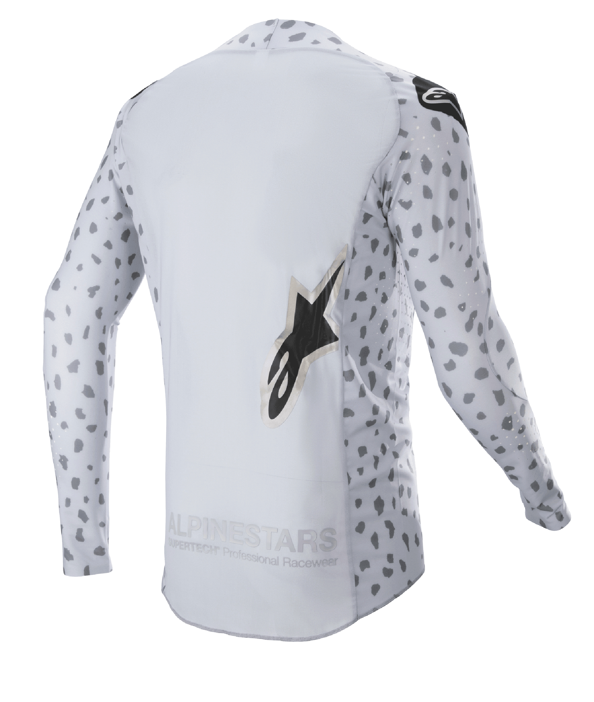 Alpinestars 2023 Supertech North Jersey, motocross jersey, Haze Gray en zwart, achteraanzicht met een abstract gevlekt patroon op de mouwen en zijkanten, groot sterlogo, verlengd rugpand en ademende performance-constructie