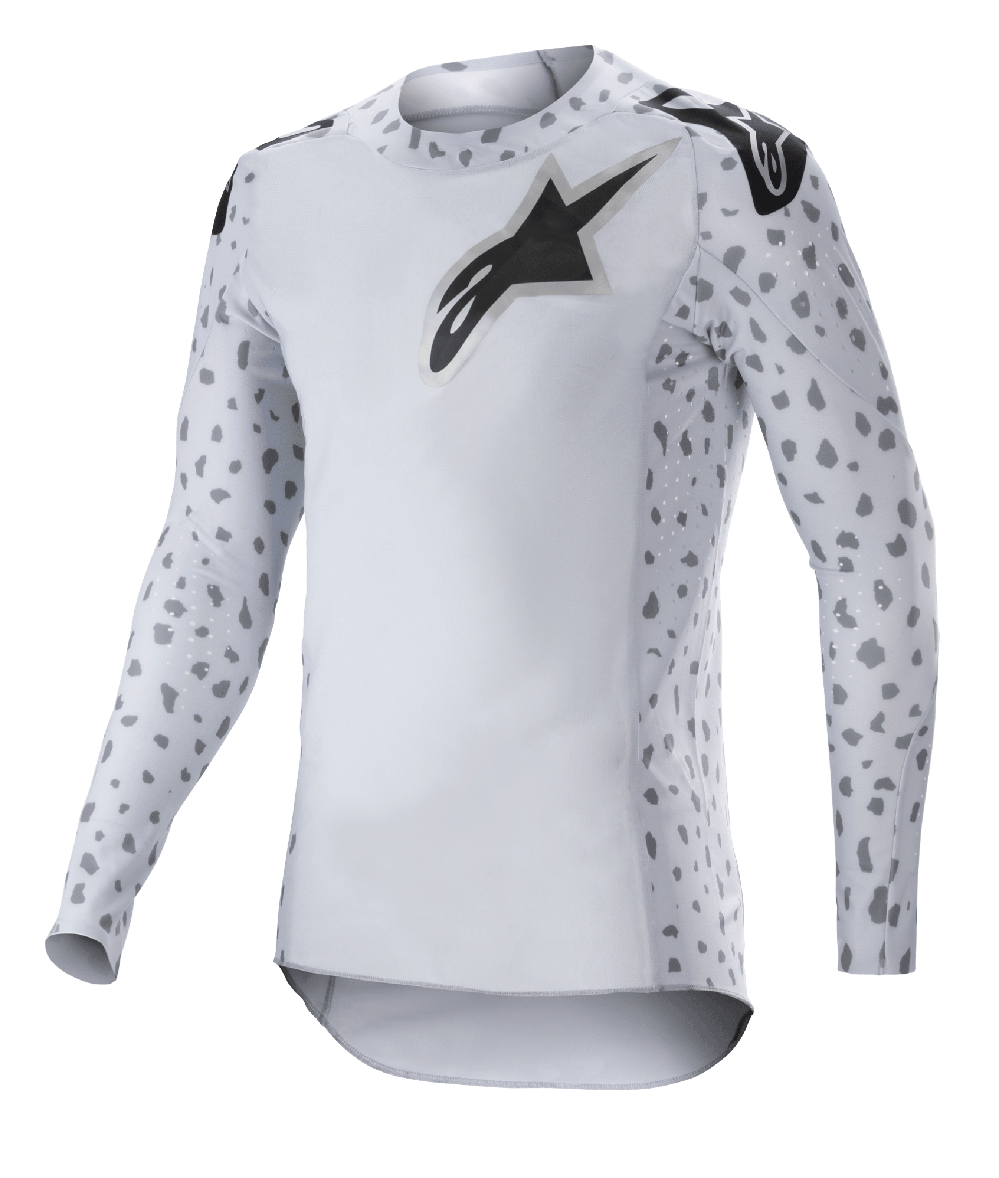 Alpinestars 2023 Supertech North Jersey, motorcross shirt, Haze Gray en zwart, wit shirt met lange mouwen met grijs gevlekt patroon op de mouwen en zijkanten, zwart sterlogo op de borst en schouders, performance stretch mesh met een gebogen zoom