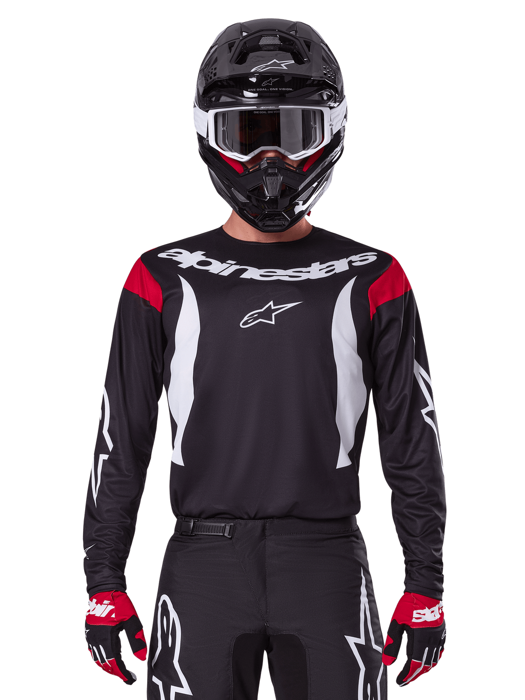 Alpinestars Fluid Haul jersey en kledingset 2025, heren motocrossoutfit, zwart en wit met rode accenten, professionele off-road racekleding inclusief helm en handschoenen.