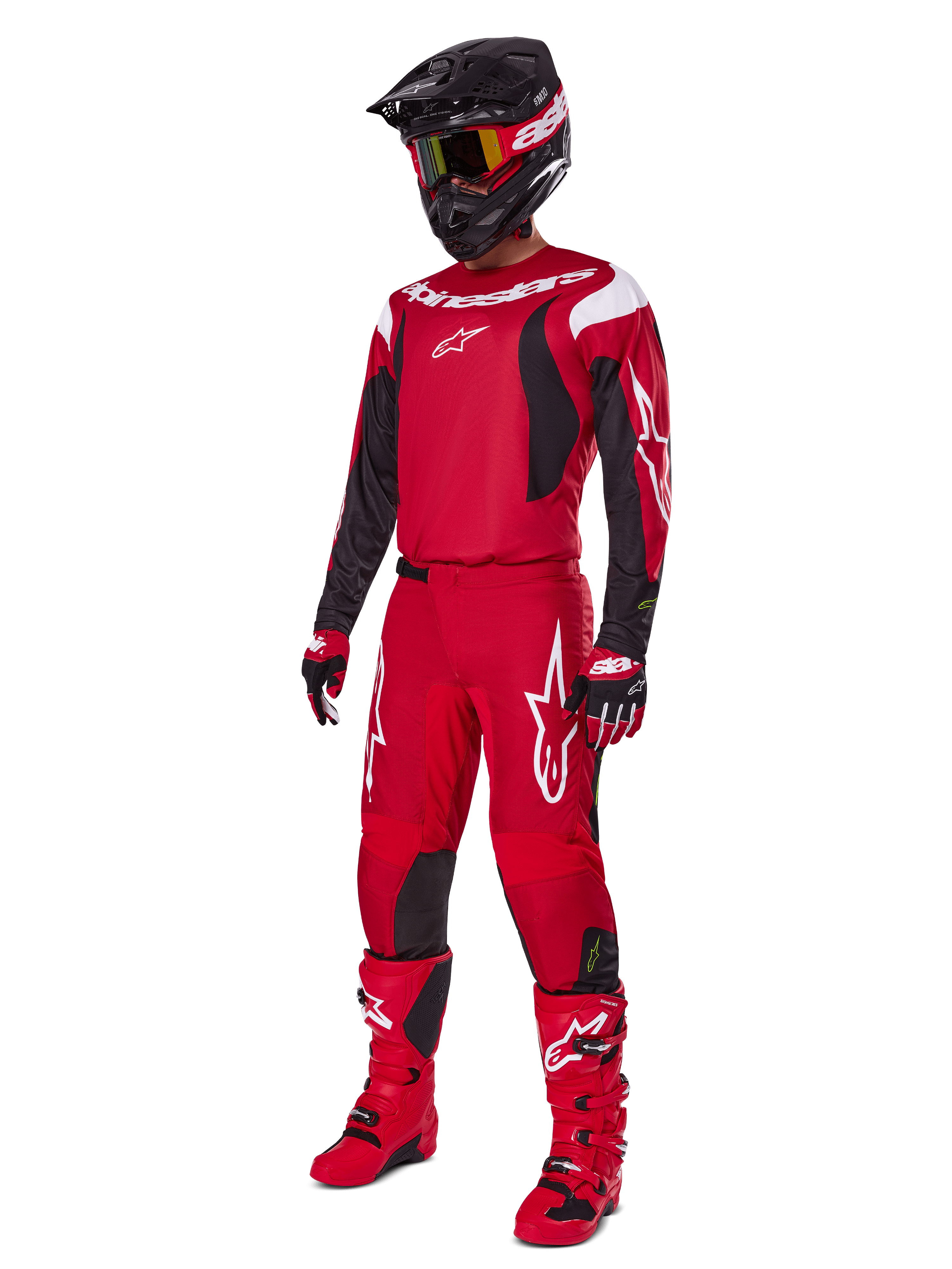 Alpinestars 2025 Fluid Haul Gear Set, motorcrossuitrusting, felrood met zwarte en witte accenten, volledige outfit inclusief jersey, broek, helm, laarzen en handschoenen, ontworpen voor off-road prestaties en bescherming