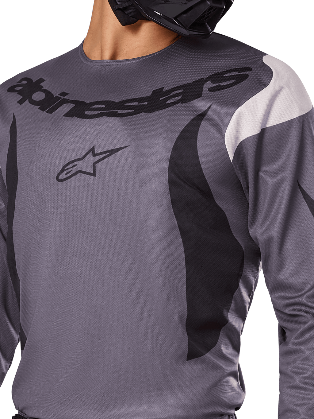 Alpinestars 2025 Fluid Haul Jersey, motorcross shirt, grijs met zwarte en witte accenten, voorzien van het Alpinestars-logo en woordmerk op de borst, sportieve pasvorm voor off-road racen