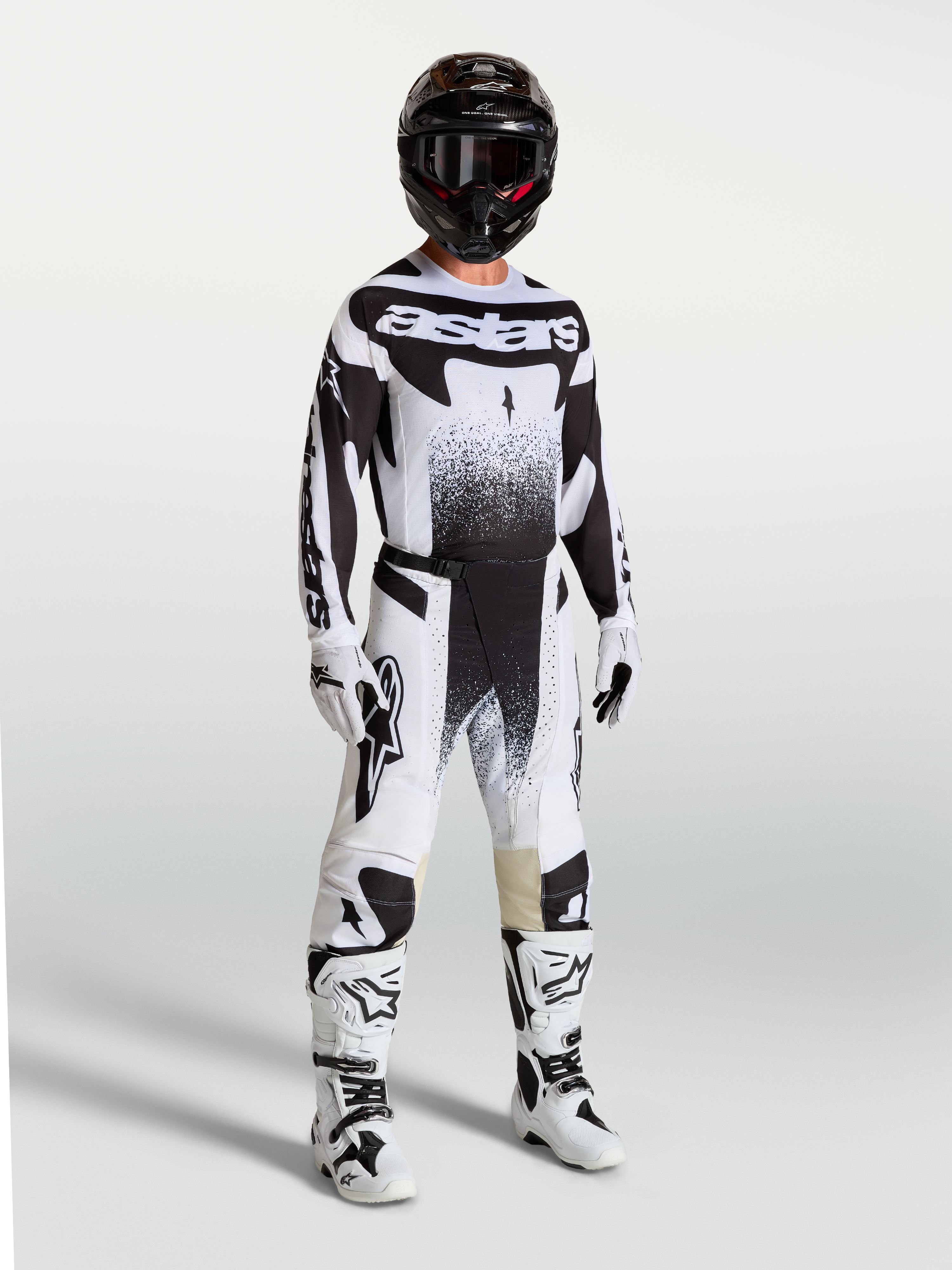 Alpinestars Techstar Swan Jersey and Gear Set, Men's Motocross outfit in black and white with performance graphics.