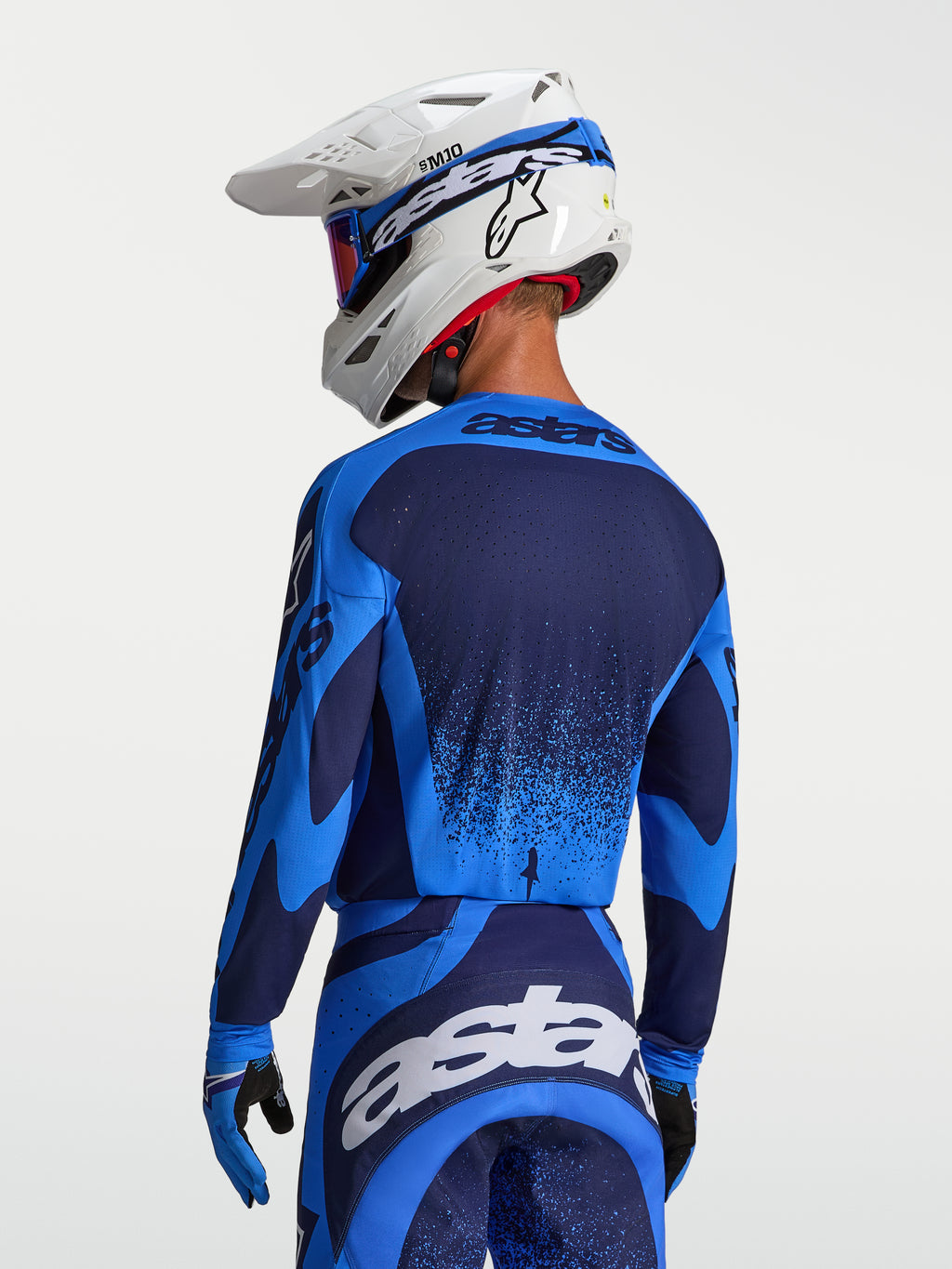 Alpinestars Techstar Swan jersey voor heren, blauwe motocrossjersey met ademende lasergeperforeerde ventilatie, rugaanzicht.