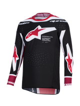 Alpinestars 2026 Supertech AFD Vista Jersey, motocross shirt, zwart, rood en wit, met een groot rood en wit Alpinestars sterlogo op de borst en 'Supertech AFD' tekst, geperforeerde mesh-stof voor ventilatie, atletische race-pasvorm