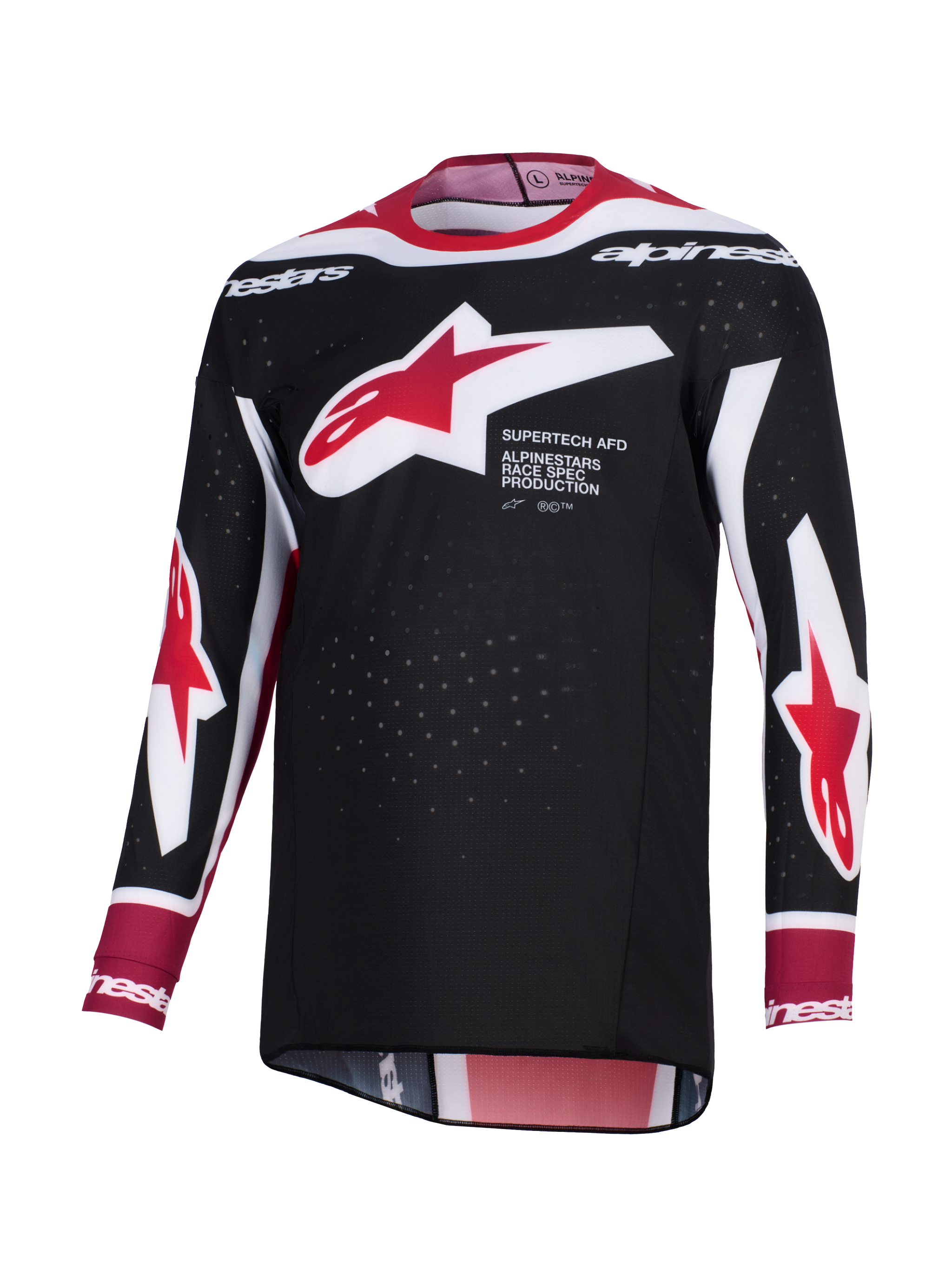 Alpinestars 2026 Supertech AFD Vista Jersey, motocross shirt, zwart, rood en wit, met een groot rood en wit Alpinestars sterlogo op de borst en 'Supertech AFD' tekst, geperforeerde mesh-stof voor ventilatie, atletische race-pasvorm