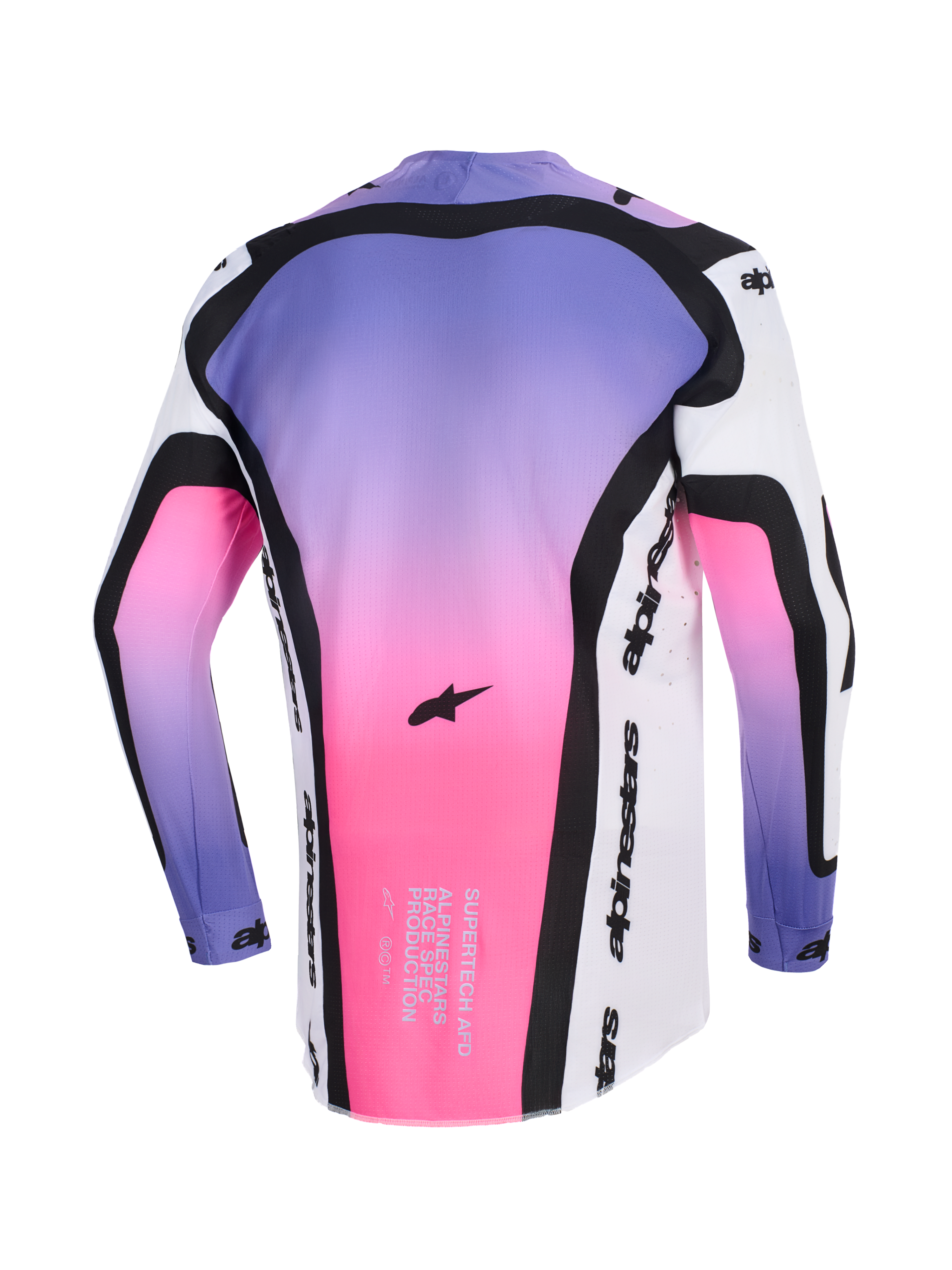 Alpinestars 2026 Supertech AFD Vista Jersey, Motocross Jersey, White Purple and Black with pink gradient, back view showing Supertech AFD race-spec text and Alpinestars branding, professional athletic-fit off-road gear
