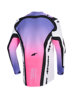 Alpinestars 2026 Supertech AFD Vista Jersey, Motocross Jersey, White Purple and Black with pink and purple gradient, back view showing black contoured panels, Alpinestars logo, and race-spec text on the lower hem, athletic fit for off-road performance.