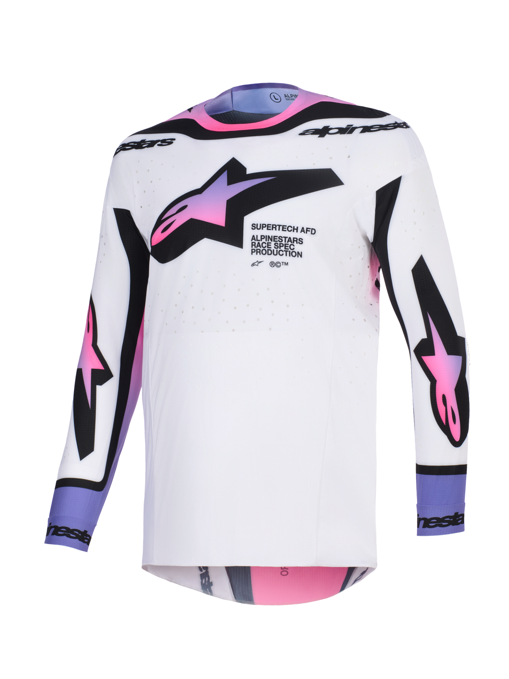 Alpinestars 2026 Supertech AFD Vista Jersey, Motocross Jersey, White with Pink and Purple gradient star logos, black accents and text branding, athletic fit with laser-cut ventilation holes, professional off-road racing gear