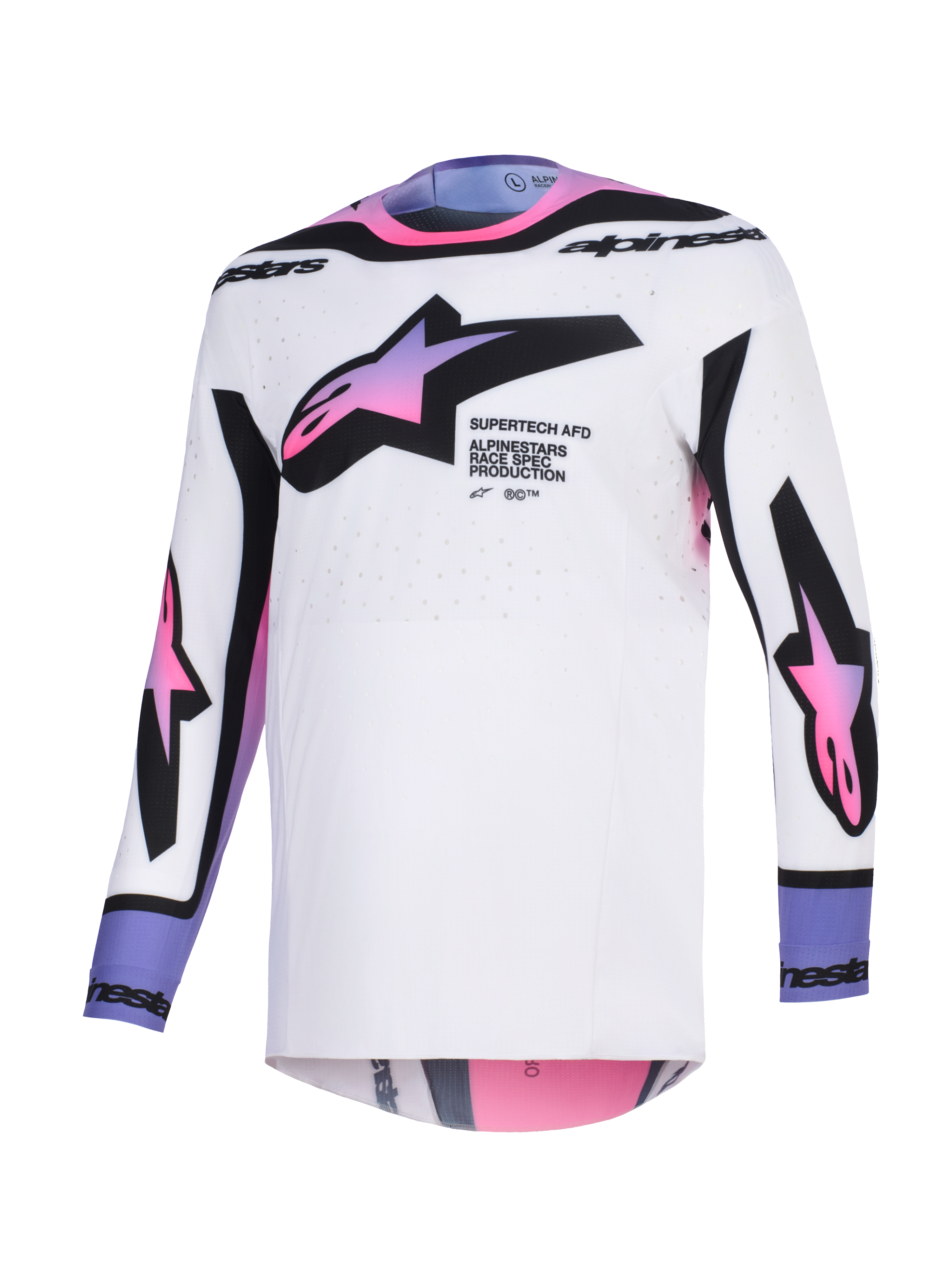 Alpinestars 2026 Supertech AFD Vista Jersey, Motocross Jersey, White Purple and Black, white base with pink and purple gradient star logos on the chest and sleeves, black branding on the collar and cuffs, featuring an athletic fit and perforated mesh fabric for ventilation.