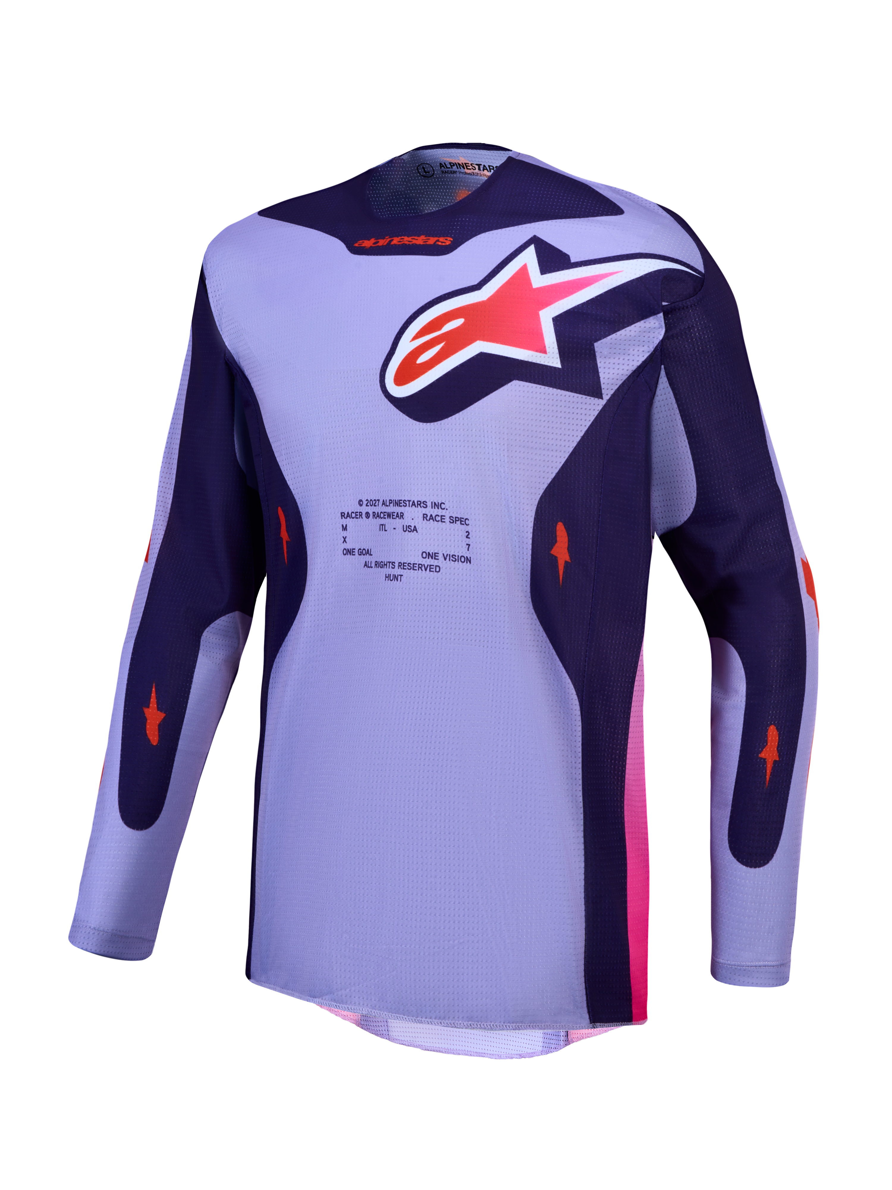 Alpinestars Racer Air Hunt Jersey, purple and violet motocross racing jersey with breathable mesh and pink accents.