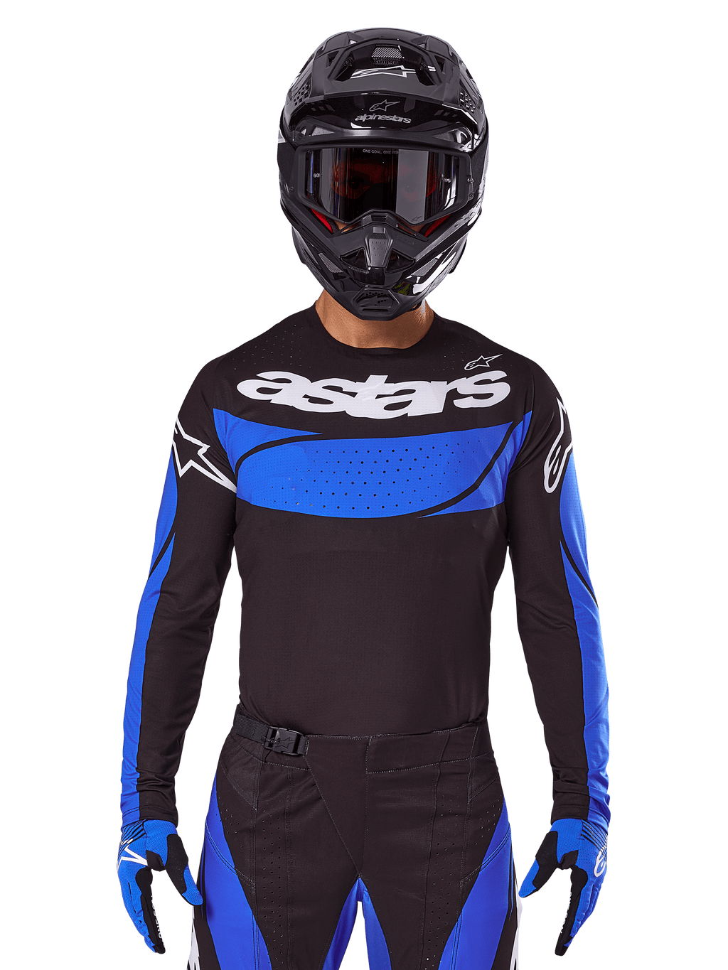 Alpinestars Techstar Dreem kledingset en jersey, zwart en blauwe motorcrossoutfit voor off-road racing.