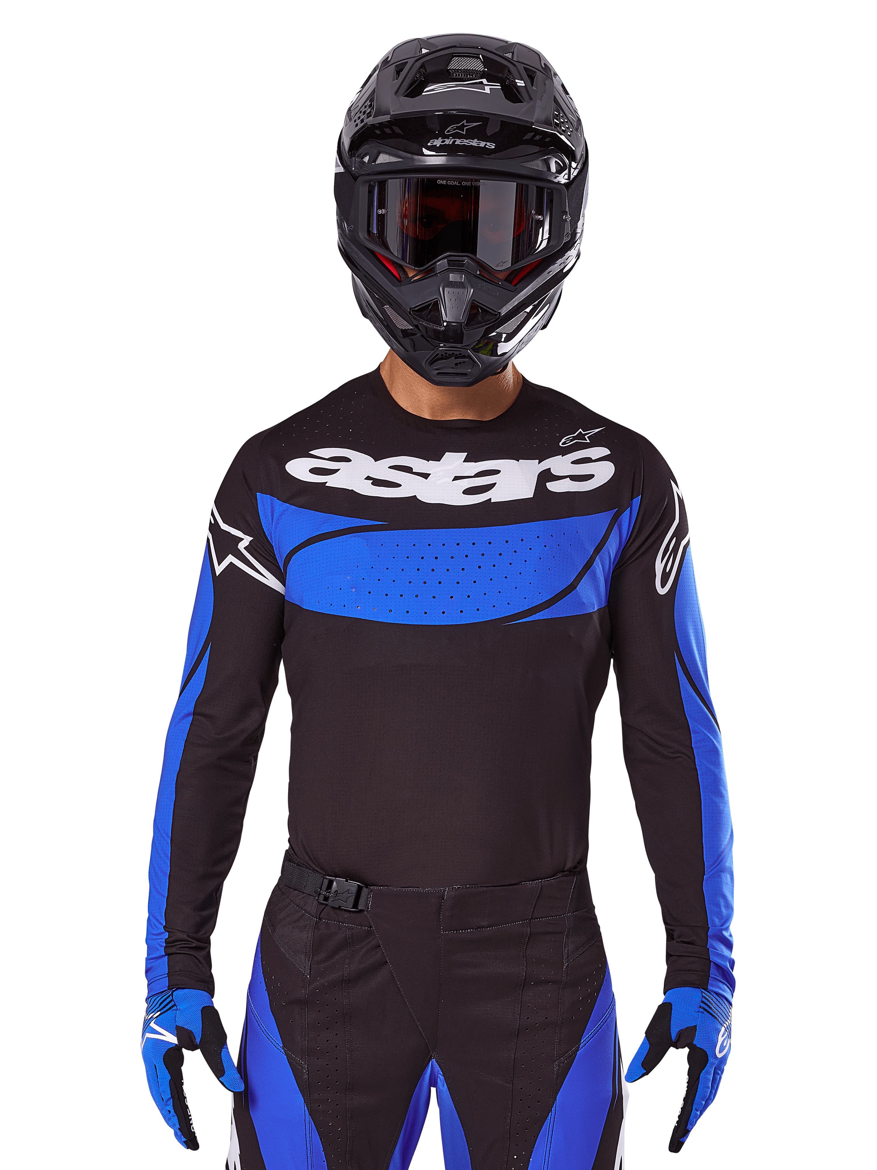 Alpinestars Techstar Dreem kledingset en jersey, zwart en blauwe motorcrossoutfit voor off-road racing.