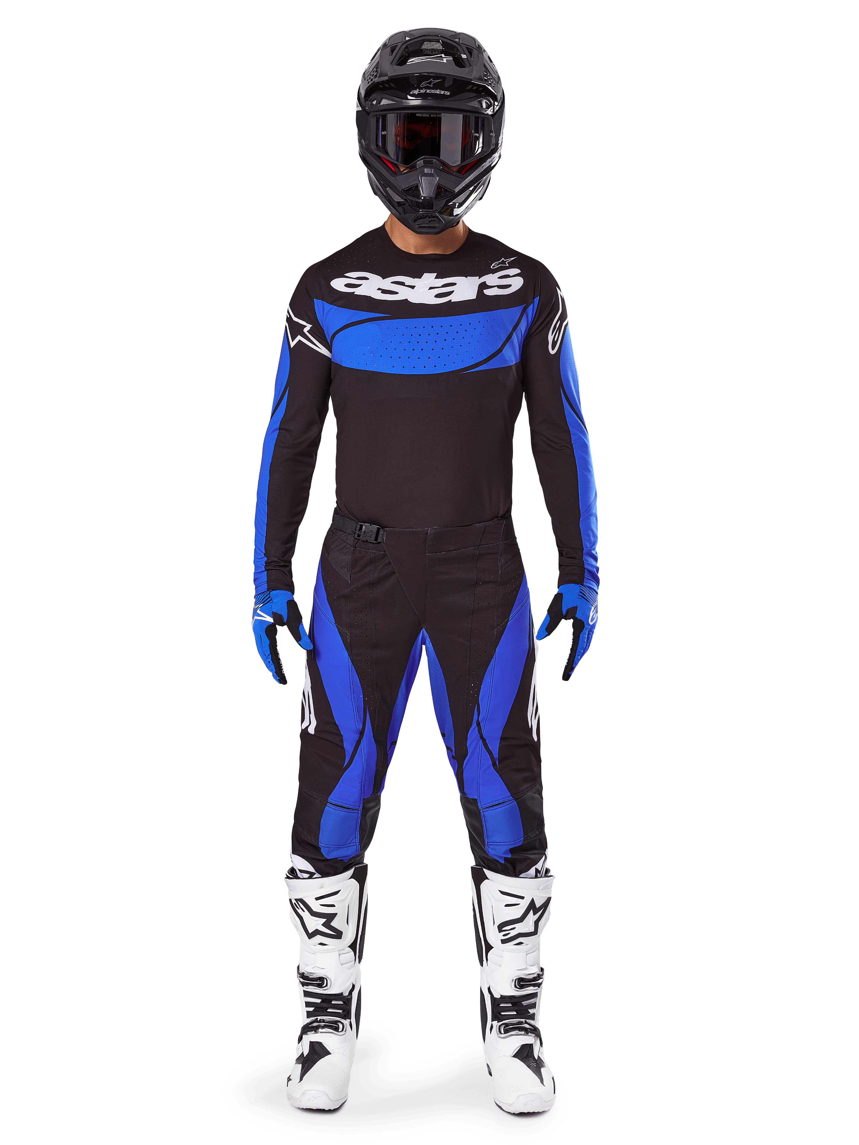 Alpinestars Techstar Dreem kledingset en jersey 2025, heren motorcrossset in zwart en blauw met witte laarzen.