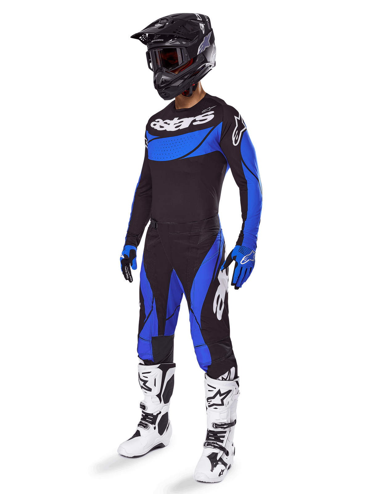 Alpinestars Techstar Dreem kledingset en jersey 2025, heren motorcrossoutfit, zwart en blauw, geventileerde off-road outfit.