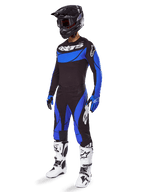 Alpinestars Techstar Dreem kledingset en jersey 2025, heren motorcrossoutfit, zwart en blauw, geventileerde off-road outfit.