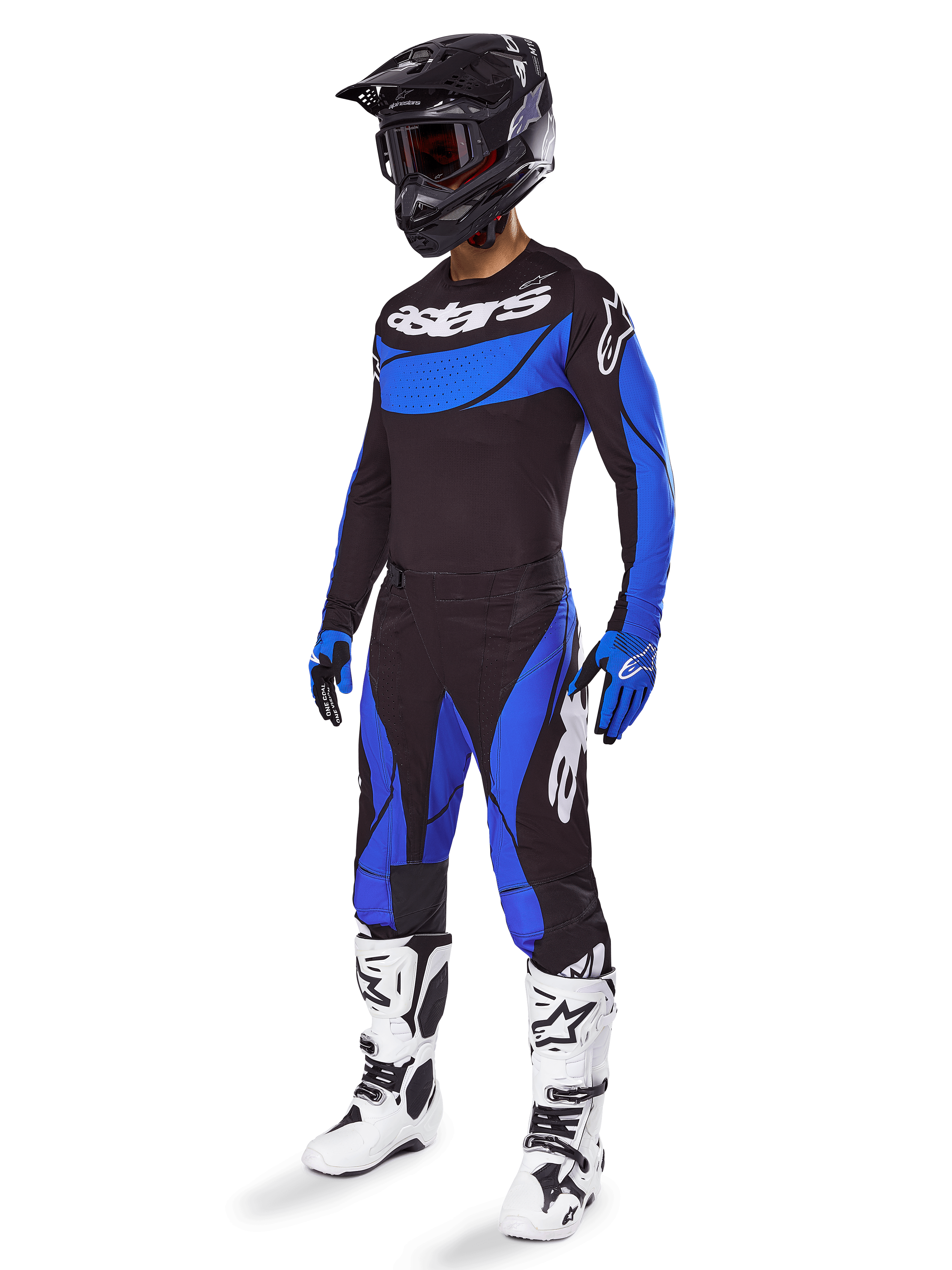 Alpinestars Techstar Dreem kledingset en jersey 2025, heren motorcrossoutfit, zwart en blauw, geventileerde off-road outfit.