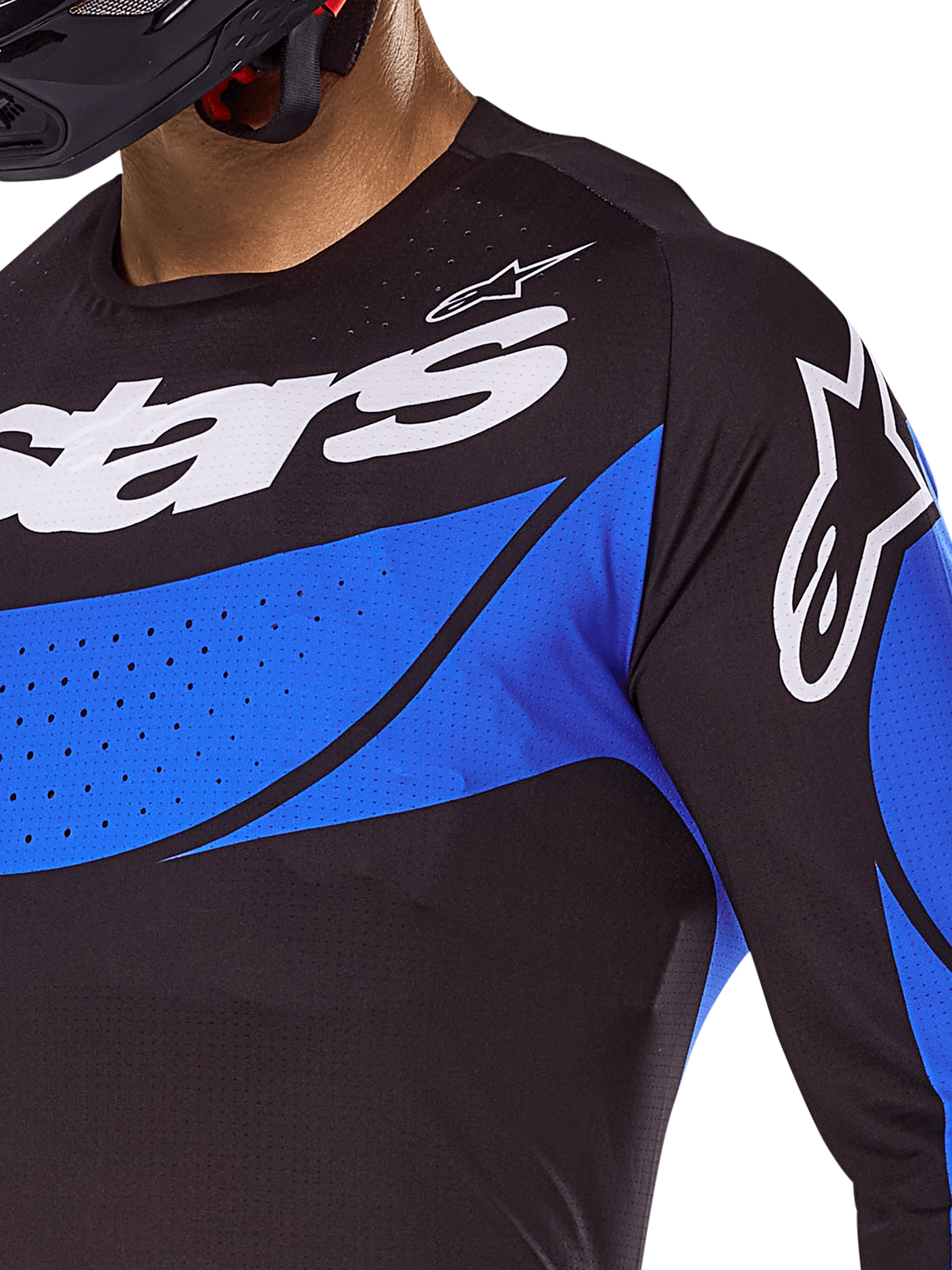 Alpinestars Techstar Dreem jersey en kledingset 2025, zwart-blauwe geventileerde motorcrosstop met lasergesneden perforaties.