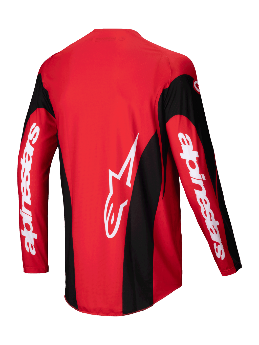 Alpinestars Techstar Dreem Jersey 2025, motocross jersey, felrood en zwart, achterkant met lichtgewicht poly-stretch constructie en verlengde achterzoom