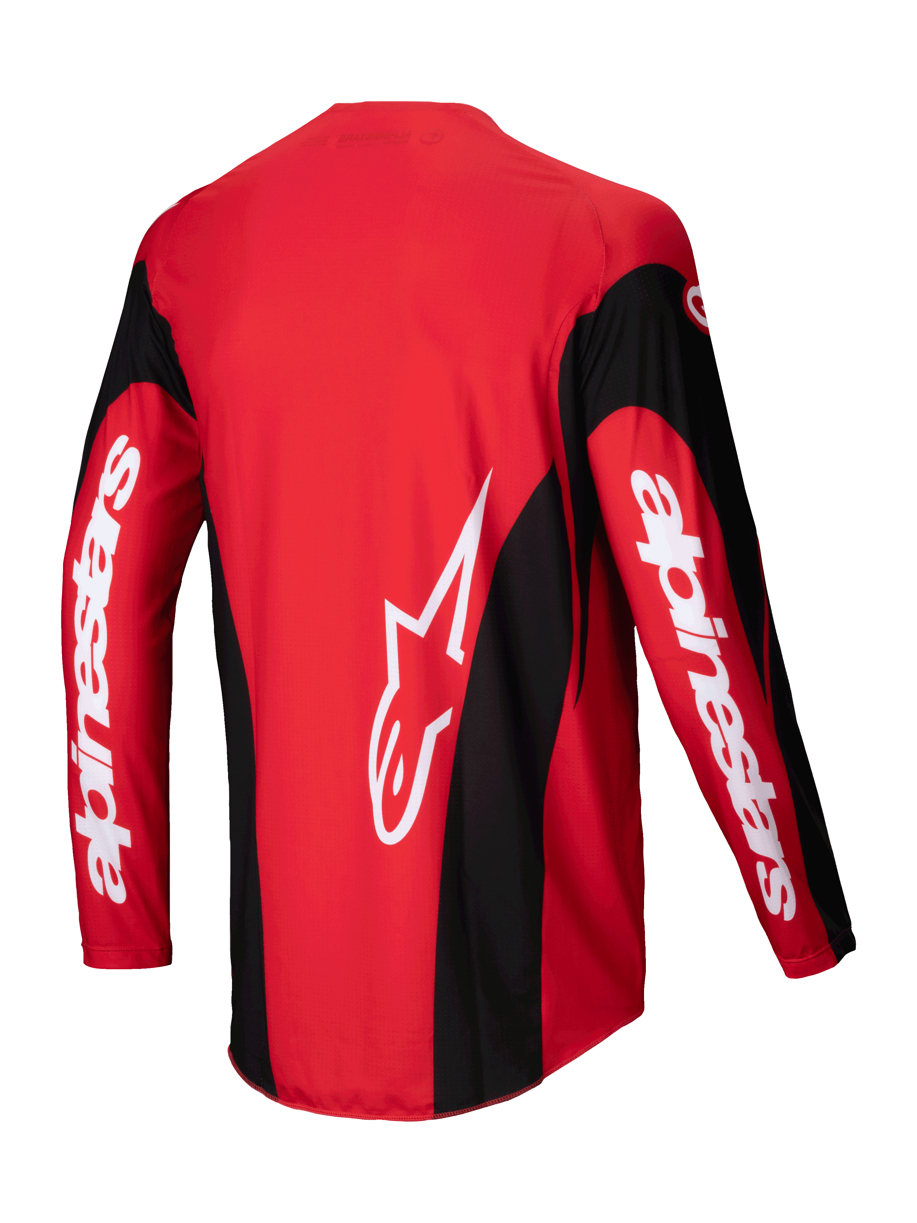 Alpinestars Techstar Dreem Jersey 2025, motocross jersey, felrood en zwart, achterkant met lichtgewicht poly-stretch constructie en verlengde achterzoom